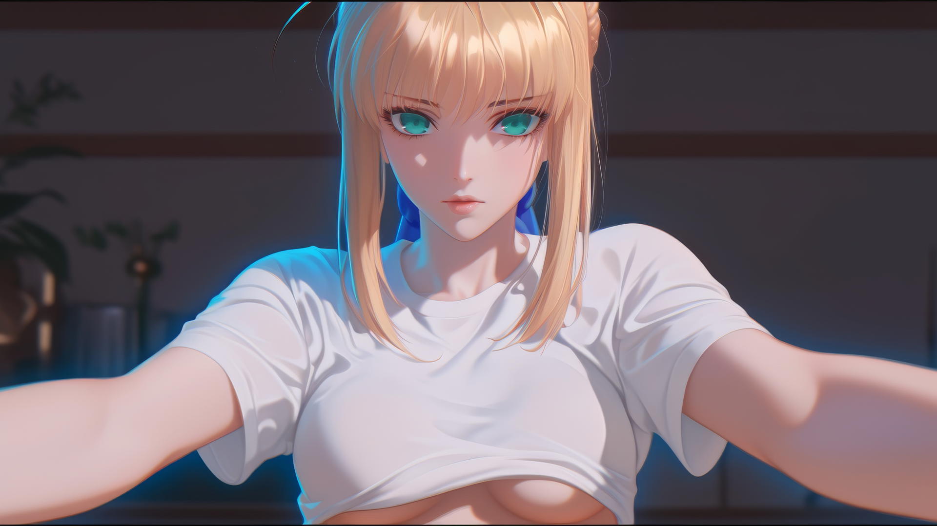 Saber from Fate Zero kneeling, leaning, green eyes, warm light, ceiling background.