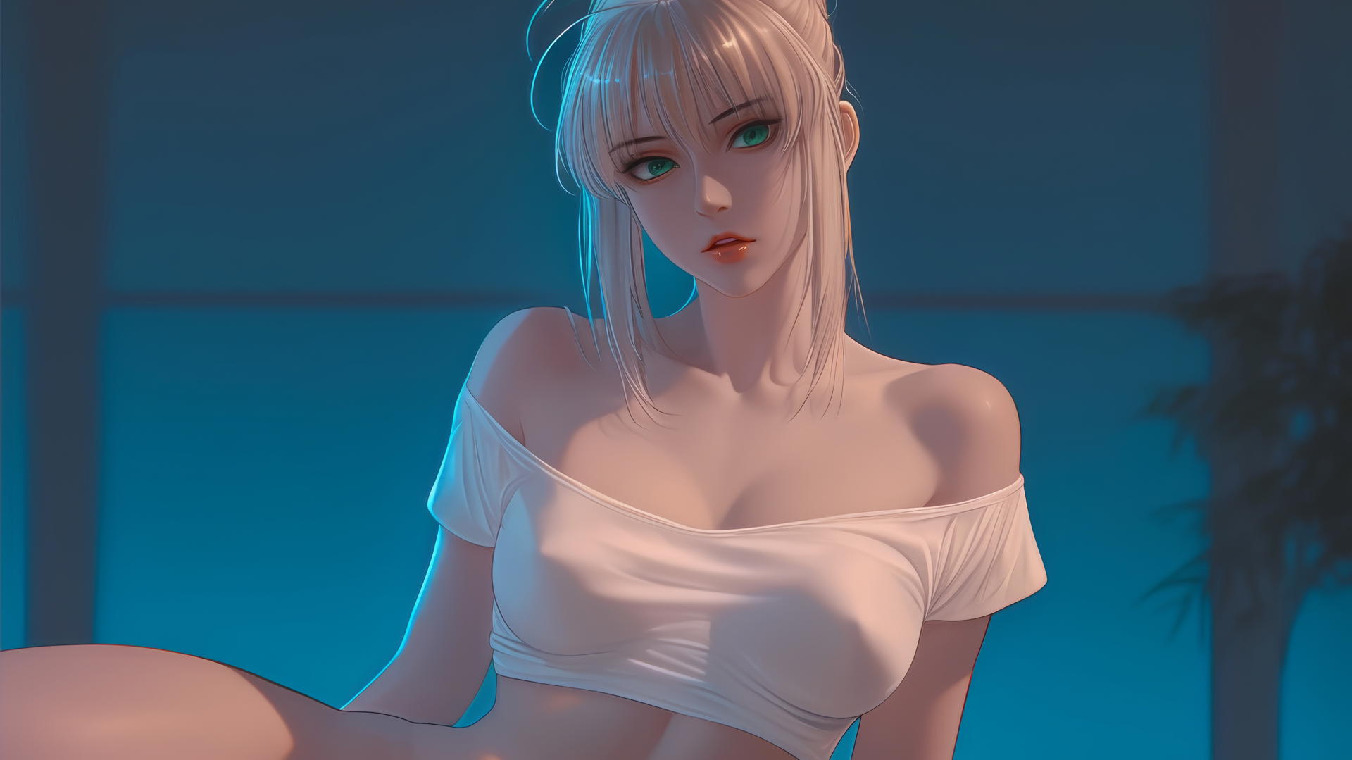 Saber from Fate Zero kneeling and leaning forward with green eyes, in warm light, ceiling background.