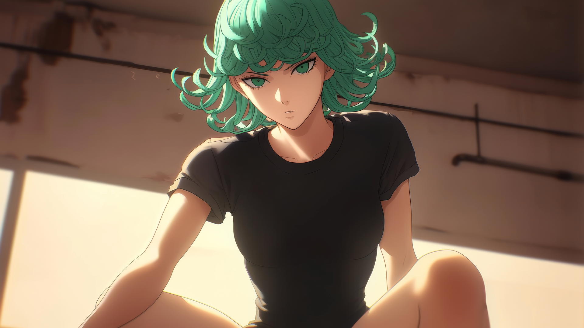 Tatsumaki from One-Punch Man, kneeling and leaning forward, under warm light.