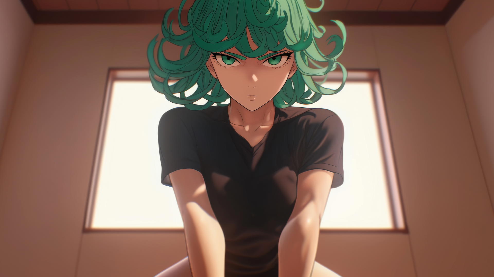Tatsumaki from One-Punch Man with green hair and eyes, kneeling, looking down