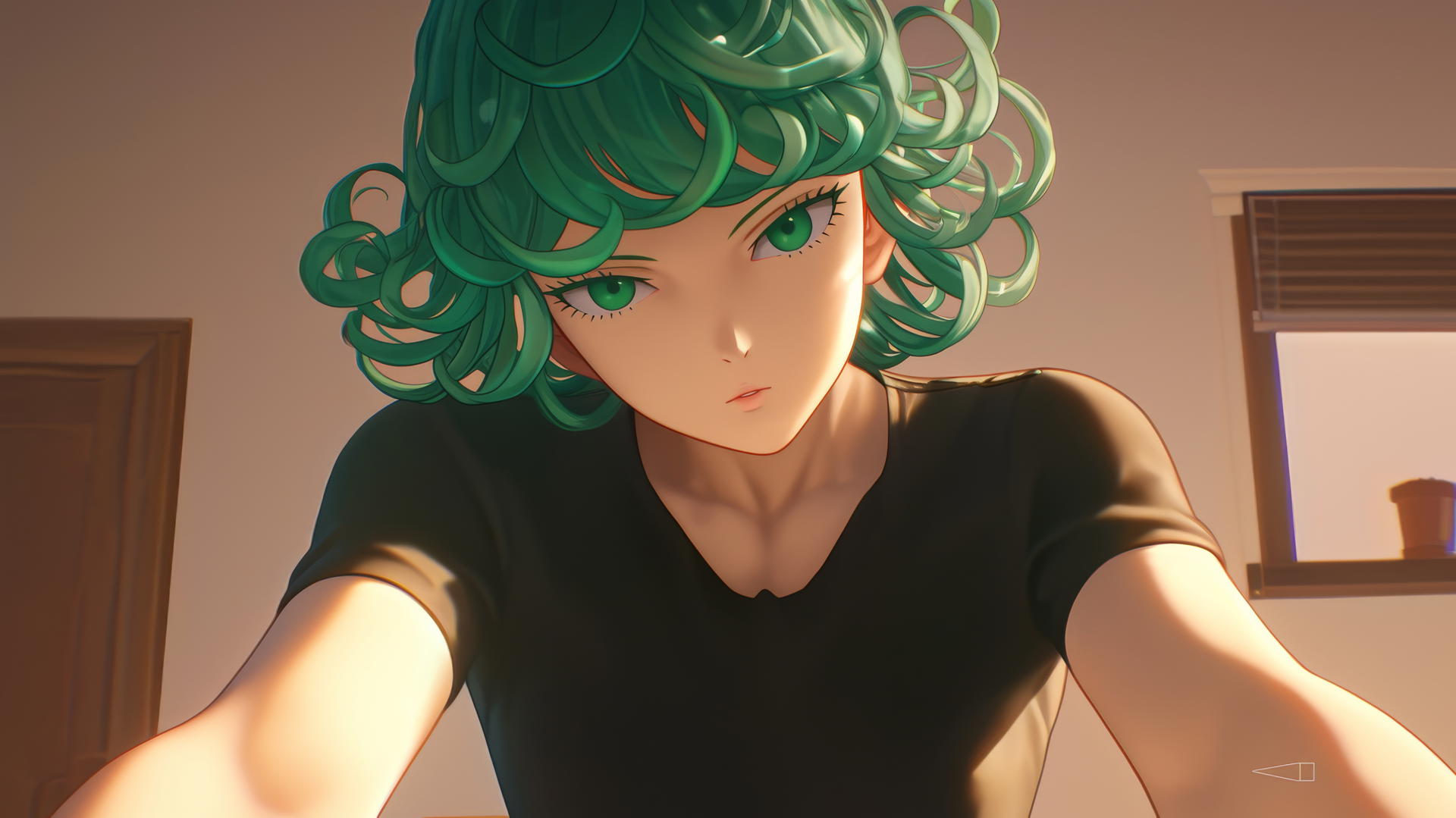 Tatsumaki from One-Punch Man kneels and leans forward with emerald green hair and eyes.
