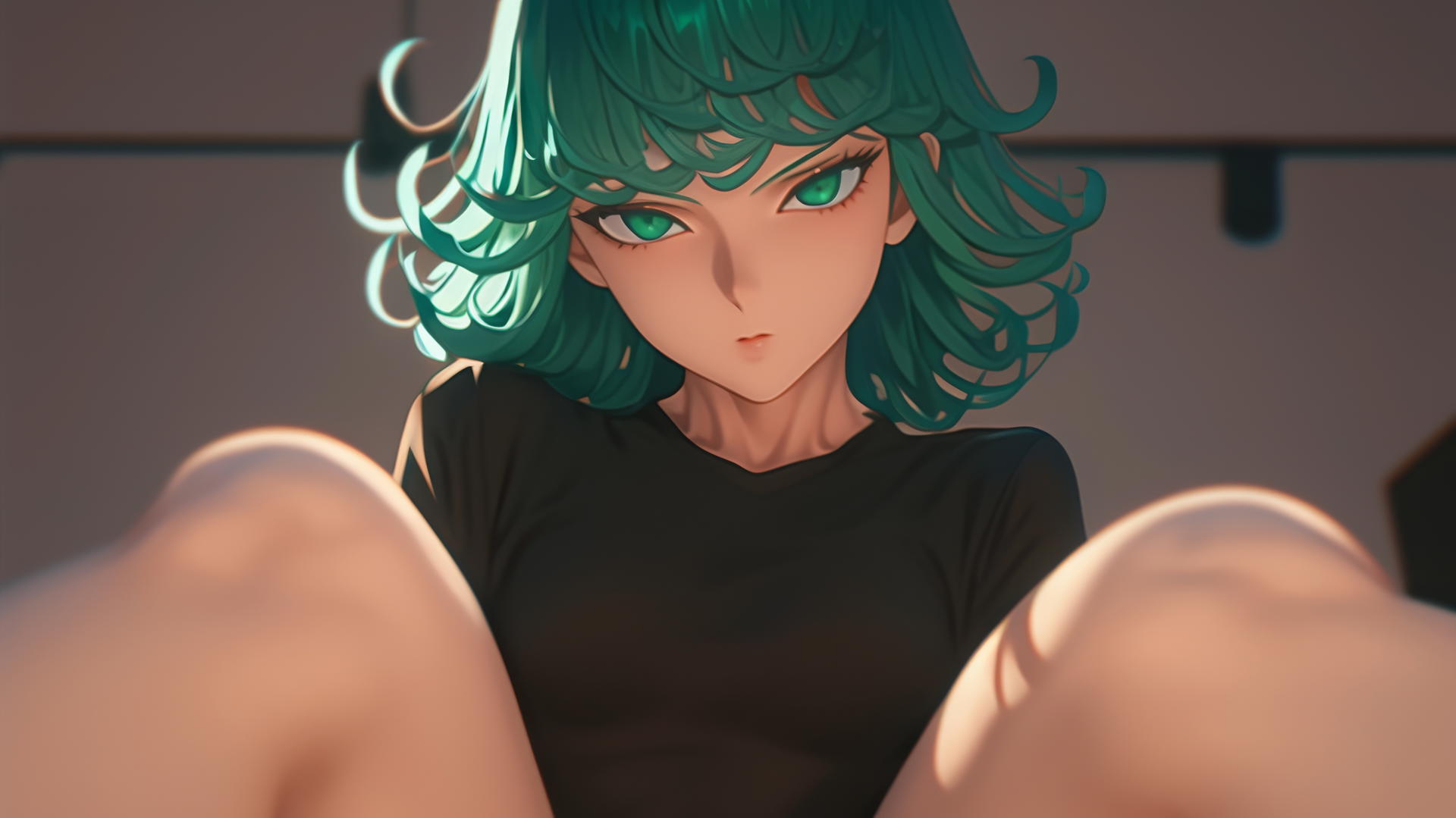 Tatsumaki from One-Punch Man kneeling and leaning towards the viewer, with emerald green hair and eyes, under soft warm light.