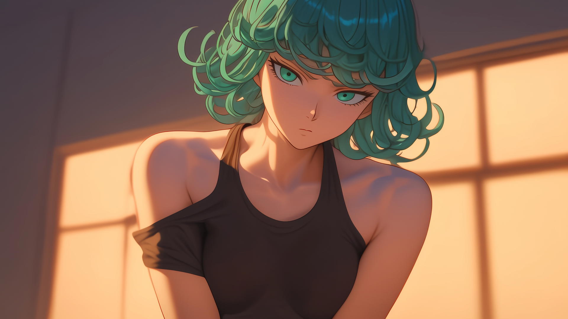 Tatsumaki from One-Punch Man kneels, with emerald green eyes and hair, looking down.