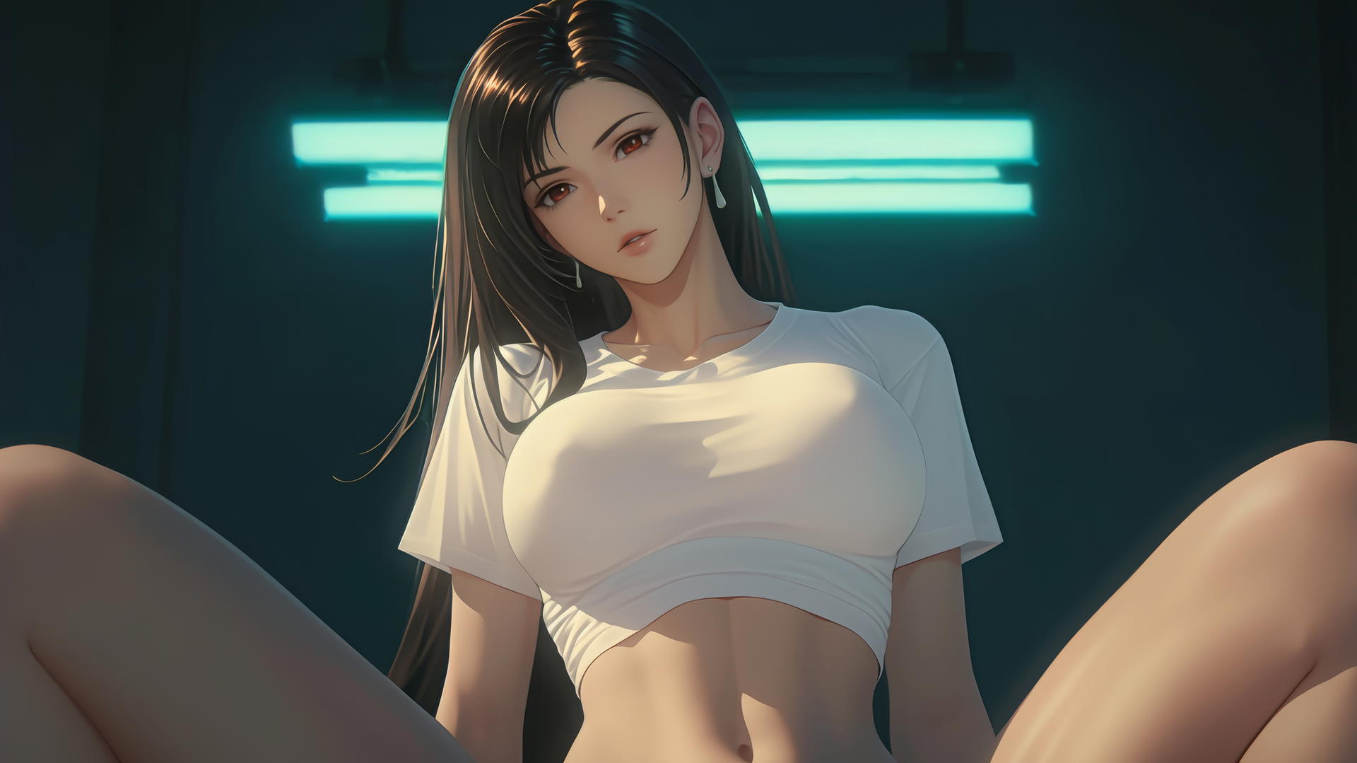 Tifa Lockhart kneeling and leaning with soft warm light and ceiling background