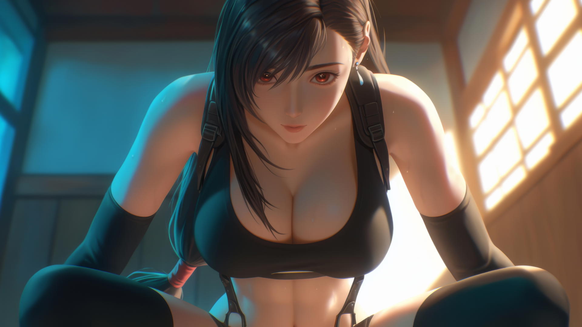 Tifa Lockhart kneeling and leaning down, with warm light casting a glow