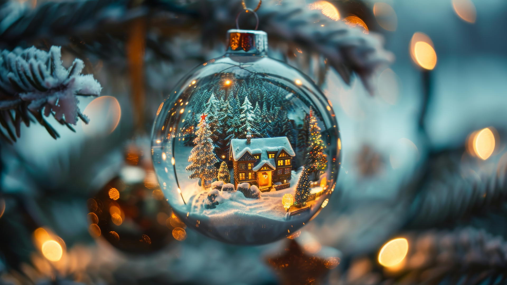 Glass Christmas balls on tree with snow-covered villages inside