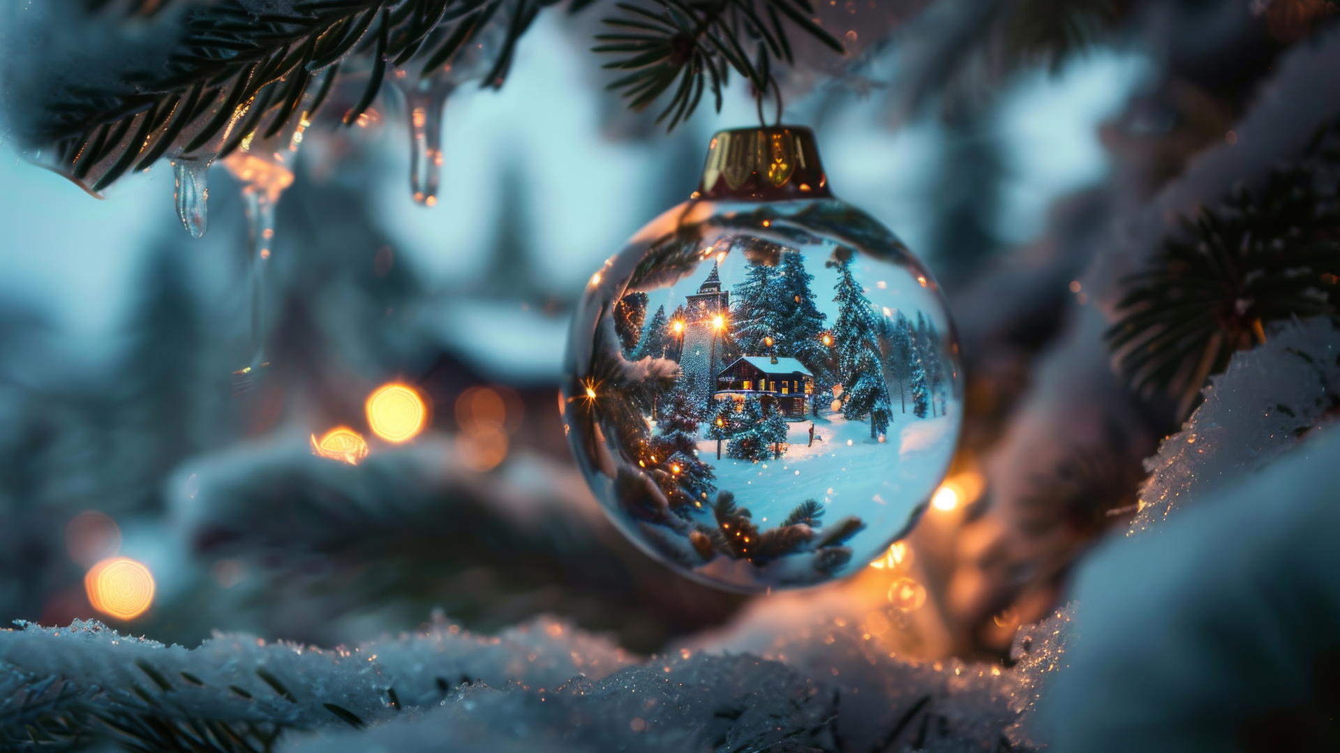 Glass Christmas balls with snow-covered villages hanging on a tree