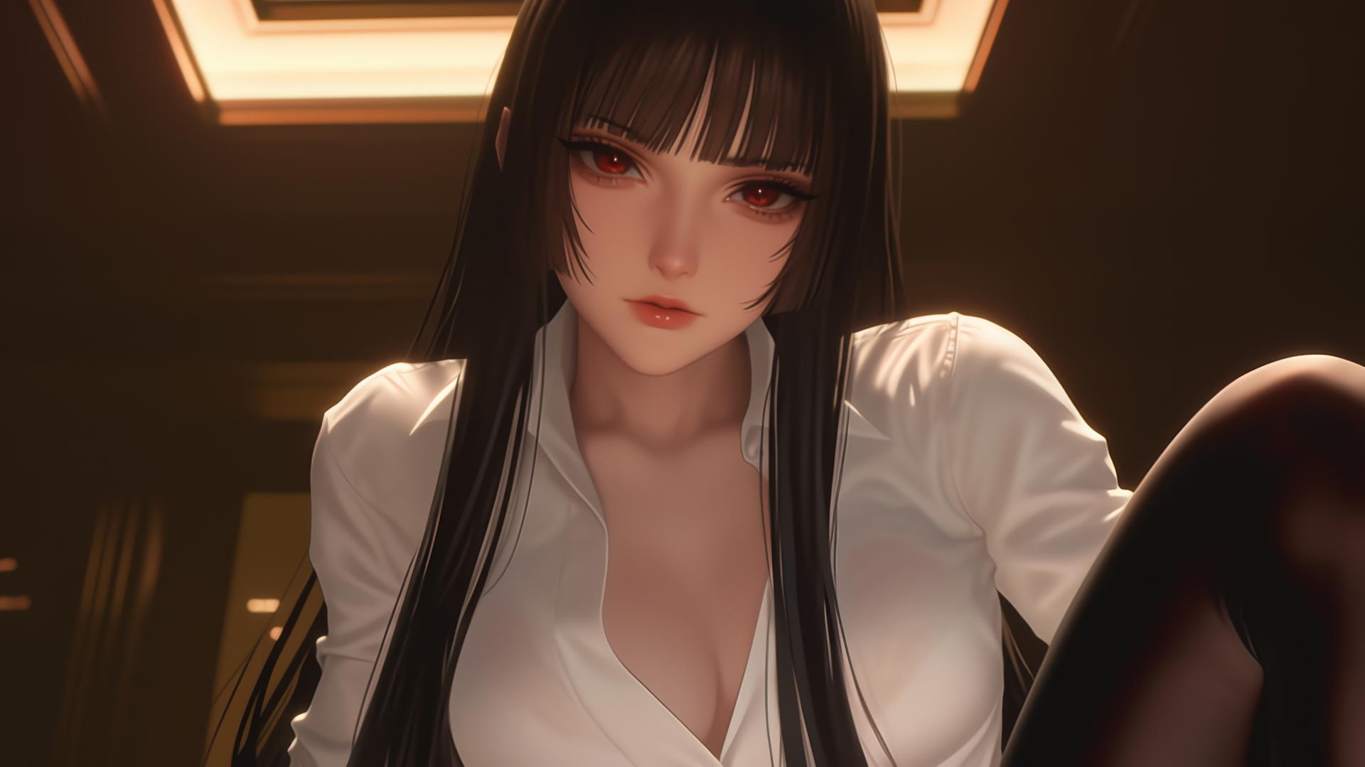 Yumeko Jabami in white shirt kneeling and leaning forward with red eyes and hime-cut hair under warm light.