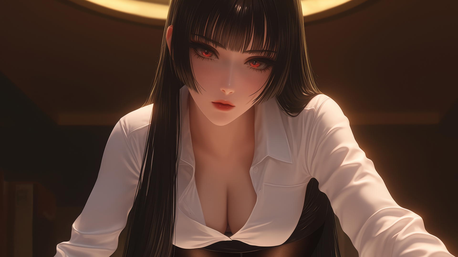 Yumeko Jabami in a white office shirt, leaning toward the viewer, hime-cut black hair, red eyes.