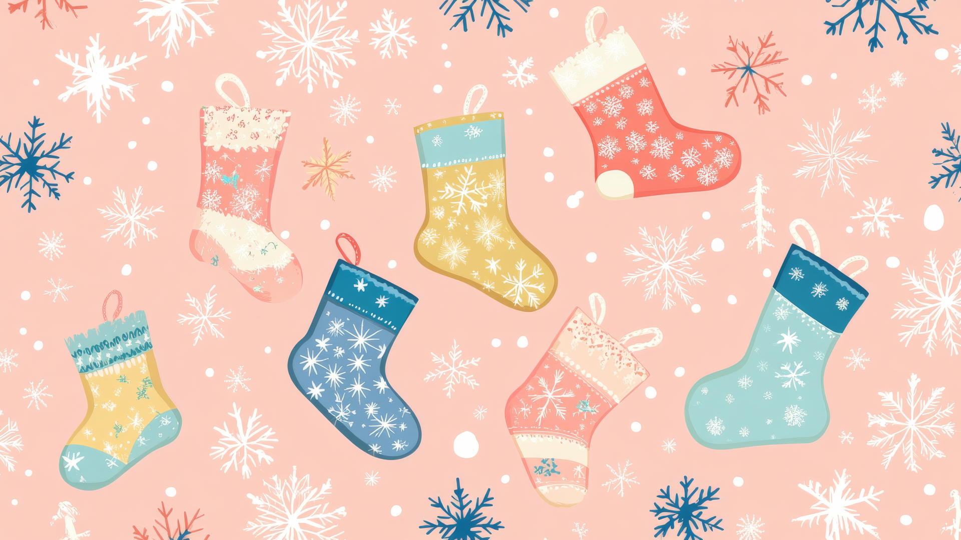 Preppy Christmas wallpaper with stockings and snowflakes in pastel colors on soft pink background.