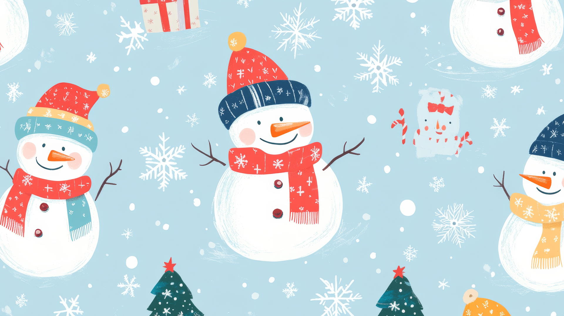 Cute preppy Christmas wallpaper with cheerful snowmen, colorful scarves, and hats