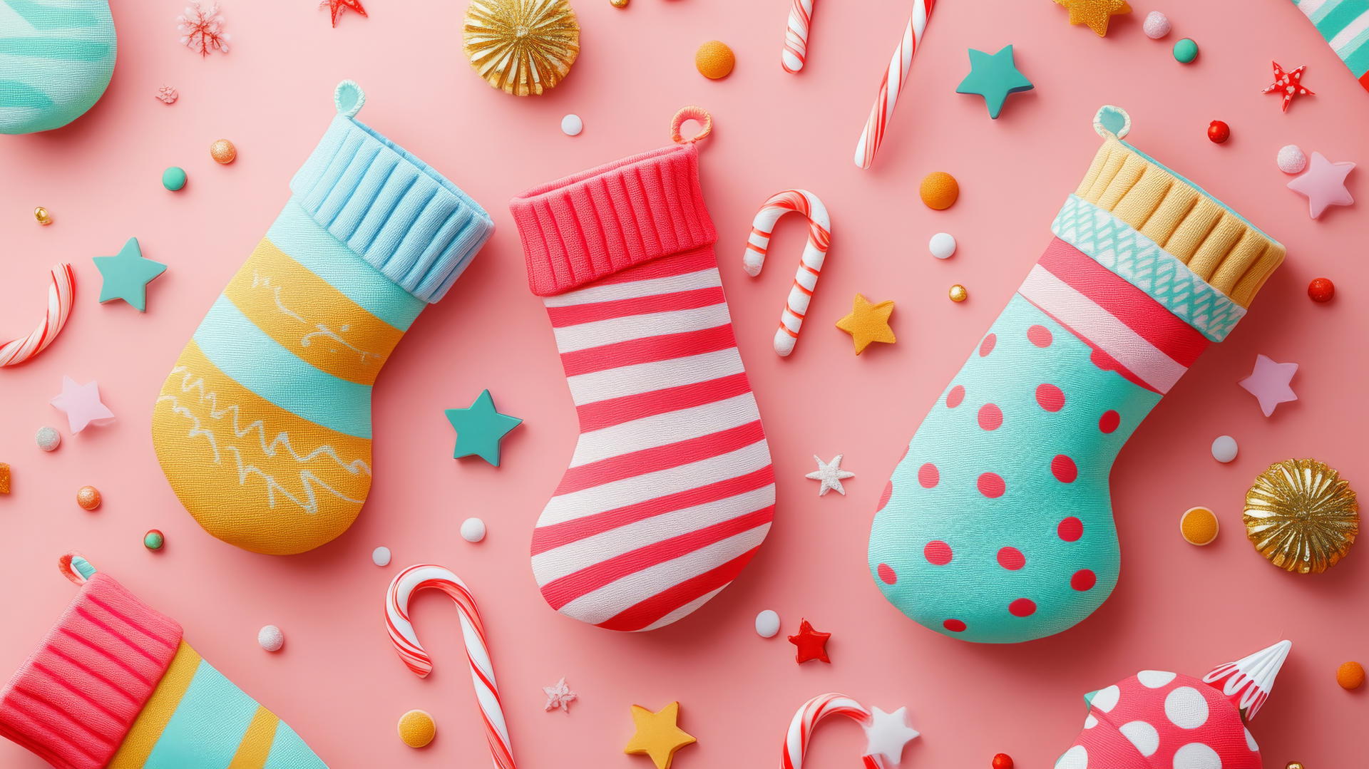 preppy wallpaper christmas with colorful stockings, candy canes, stars on pink background