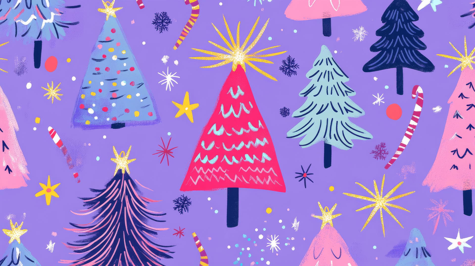 aesthetic preppy Christmas wallpaper with fireworks and Christmas trees on pastel purple background