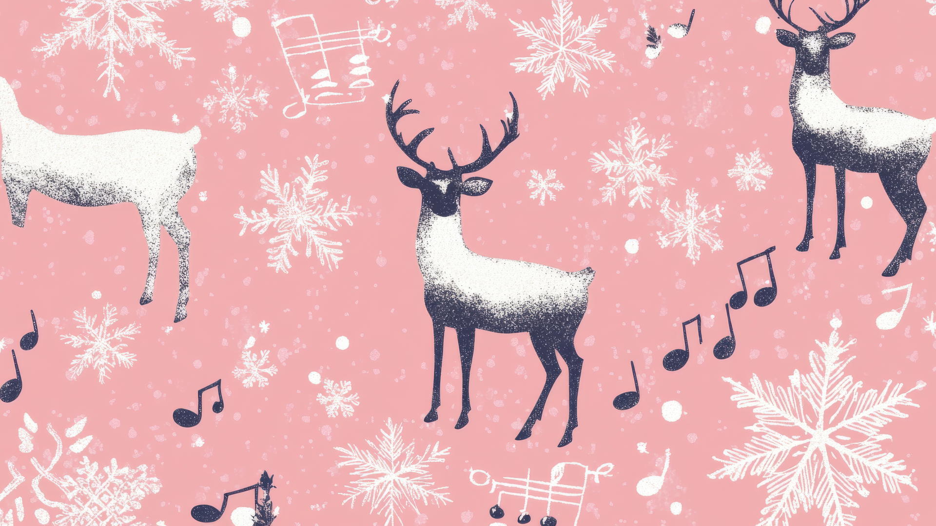 aesthetic preppy Christmas wallpaper with reindeer, musical notes, and snowflakes on a pastel pink background