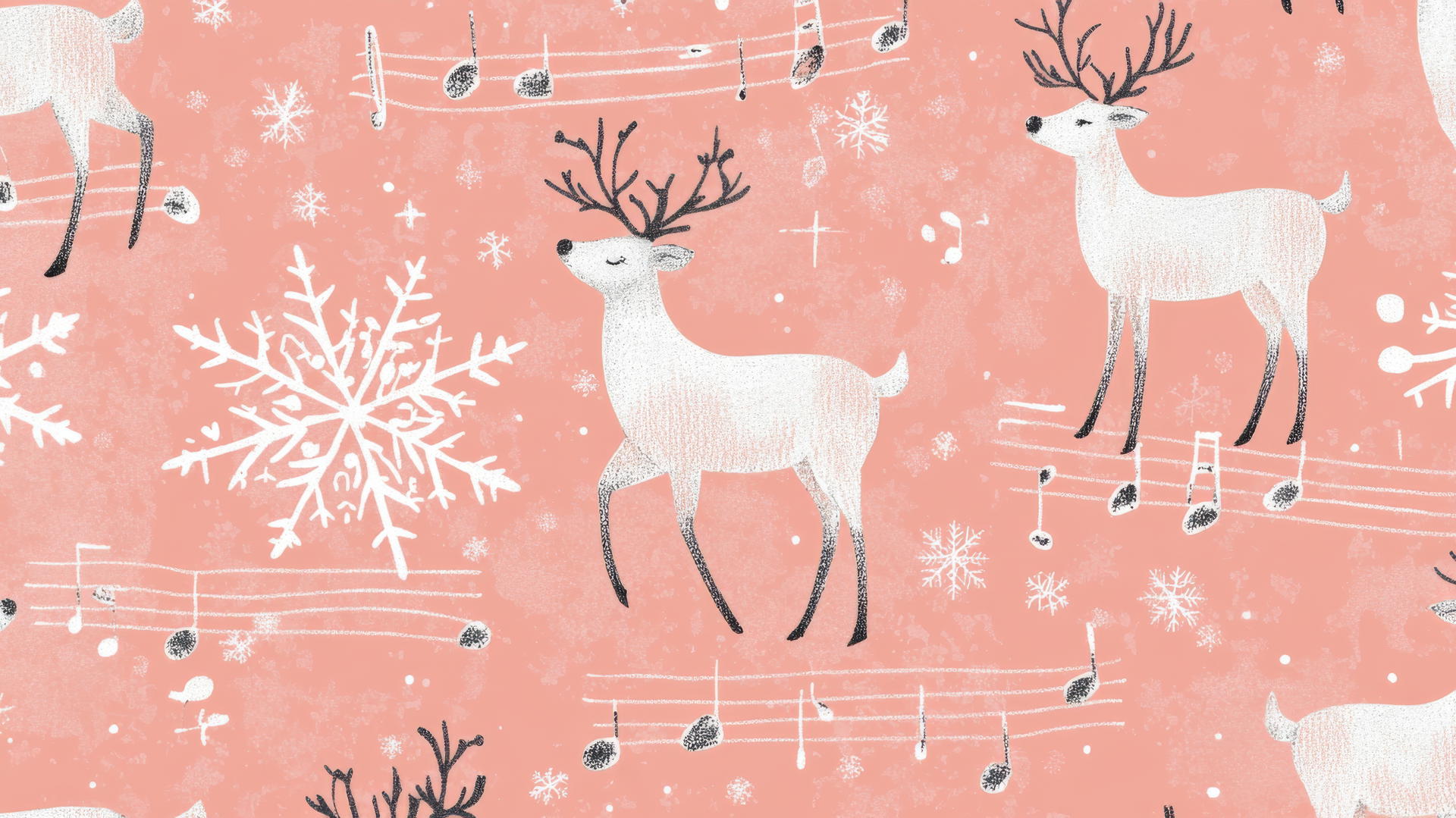 aesthetic preppy Christmas wallpaper with reindeer, musical notes, snowflakes on pink