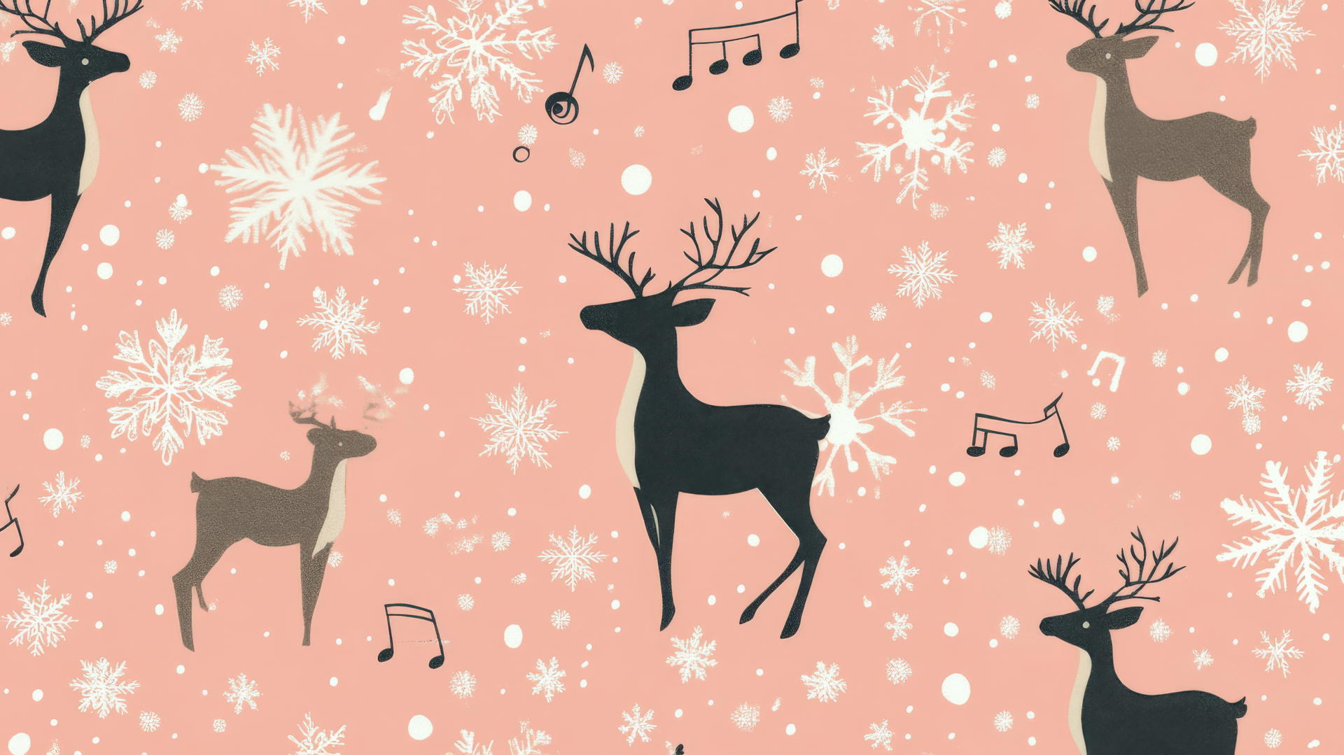 Aesthetic preppy Christmas wallpaper with musical notes, snowflakes, reindeer on pastel pink.
