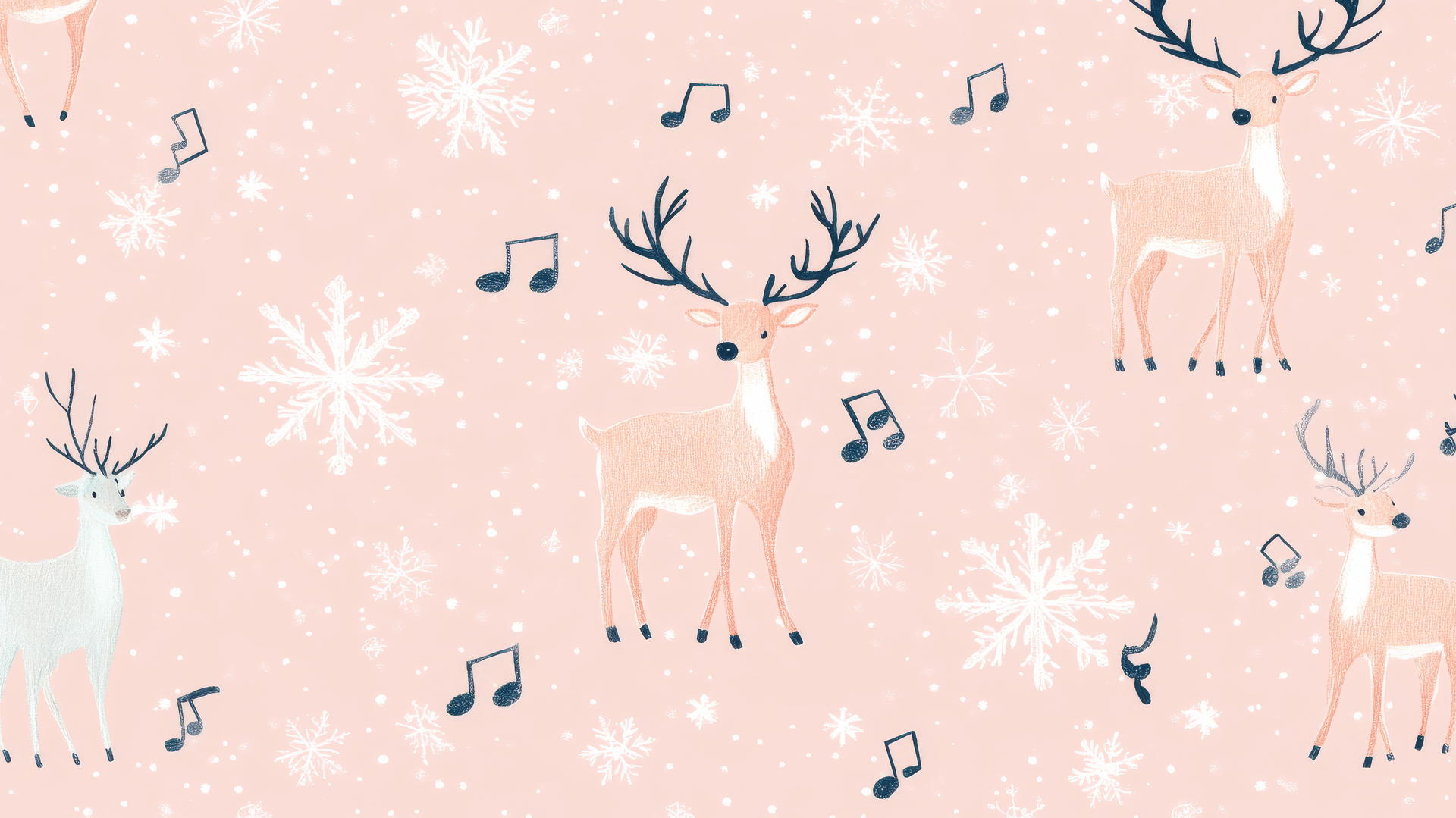 aesthetic preppy Christmas wallpaper with musical notes, snowflakes, reindeer on pastel pink background