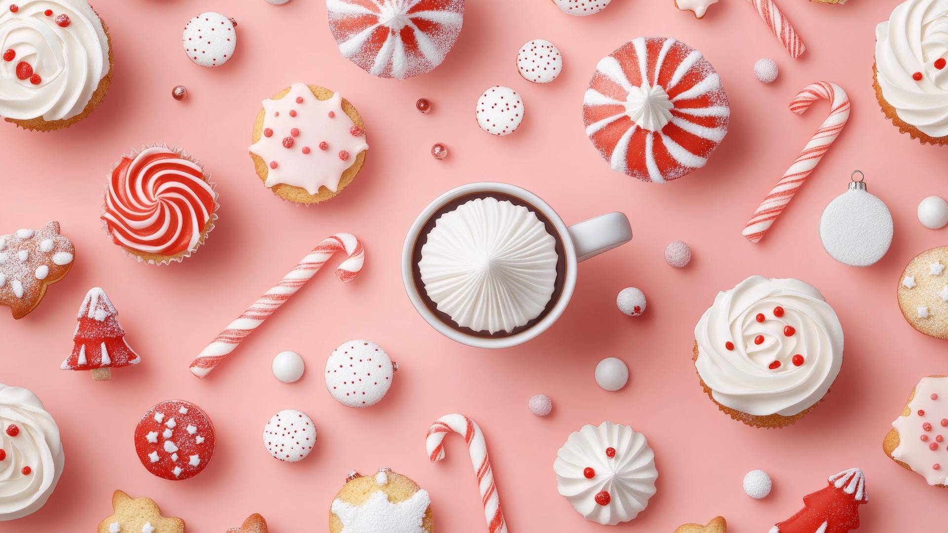 cute preppy Christmas wallpaper with cupcakes, cookies, and hot cocoa mugs on pastel pink