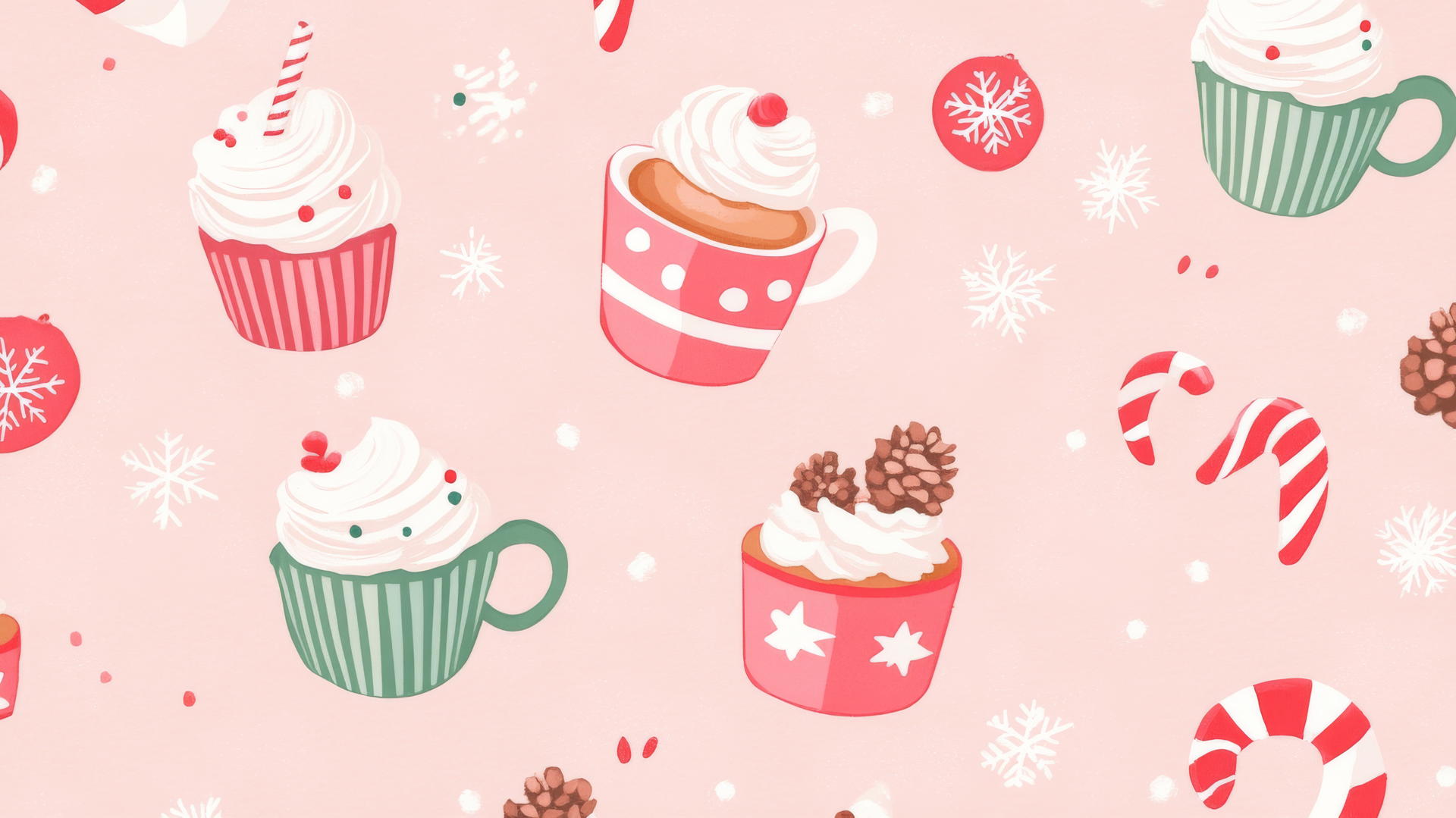 cute preppy Christmas wallpaper with adorable cupcakes, cookies, and hot cocoa mugs on pastel pink background
