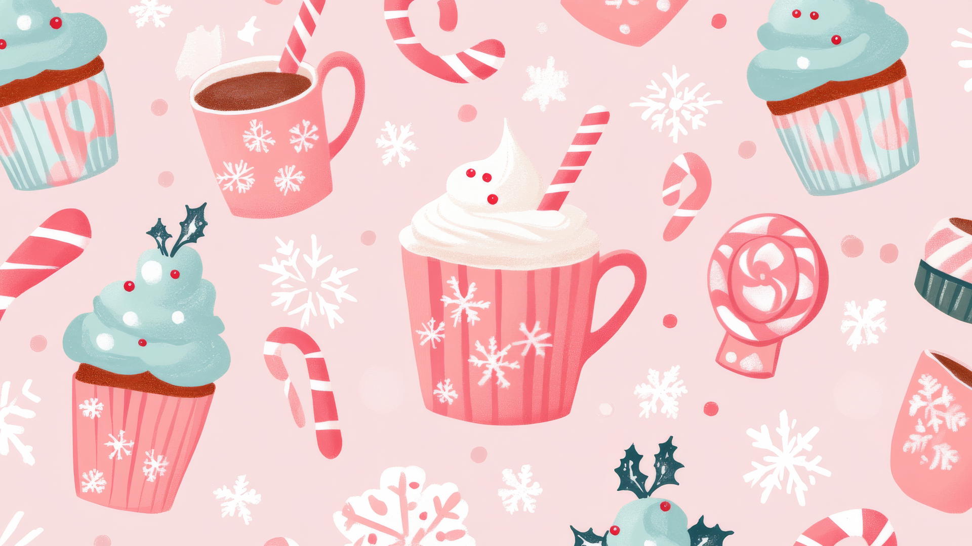 cute preppy Christmas wallpaper with Christmas-themed cupcakes, cookies, and hot cocoa mugs on pastel pink background