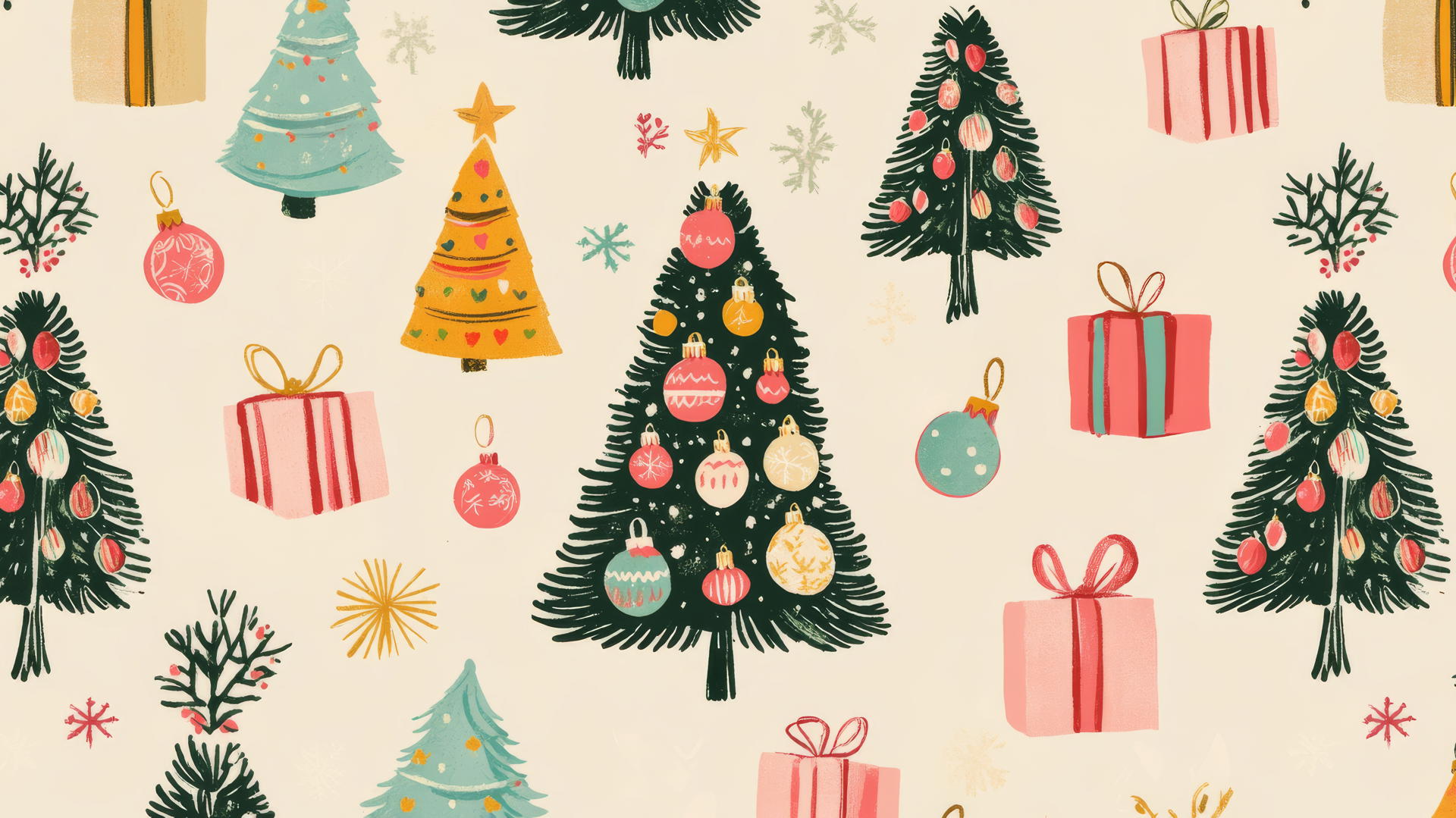 cute preppy Christmas wallpaper with colorful ornaments and presents on cream background