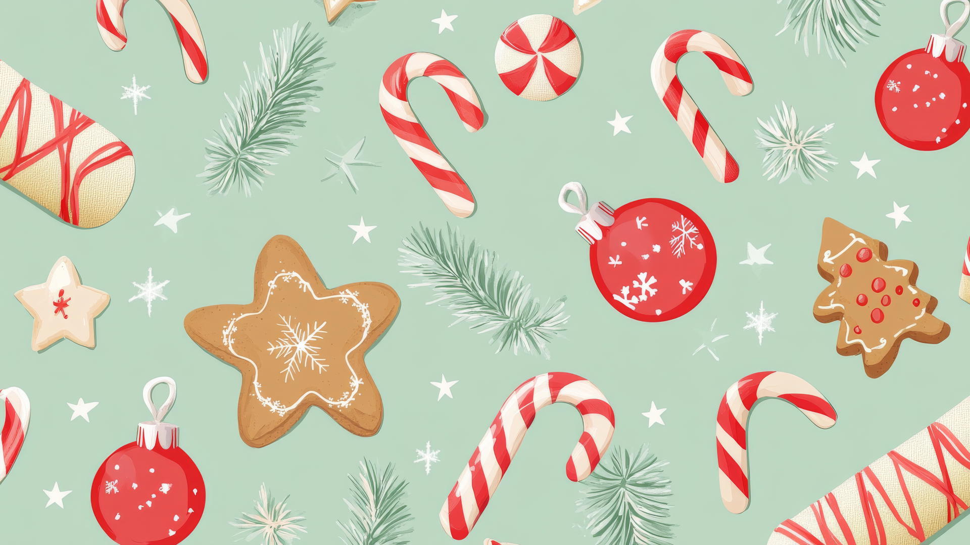 cute Christmas wallpaper preppy with candy canes, gingerbread cookies, and stars on pastel green