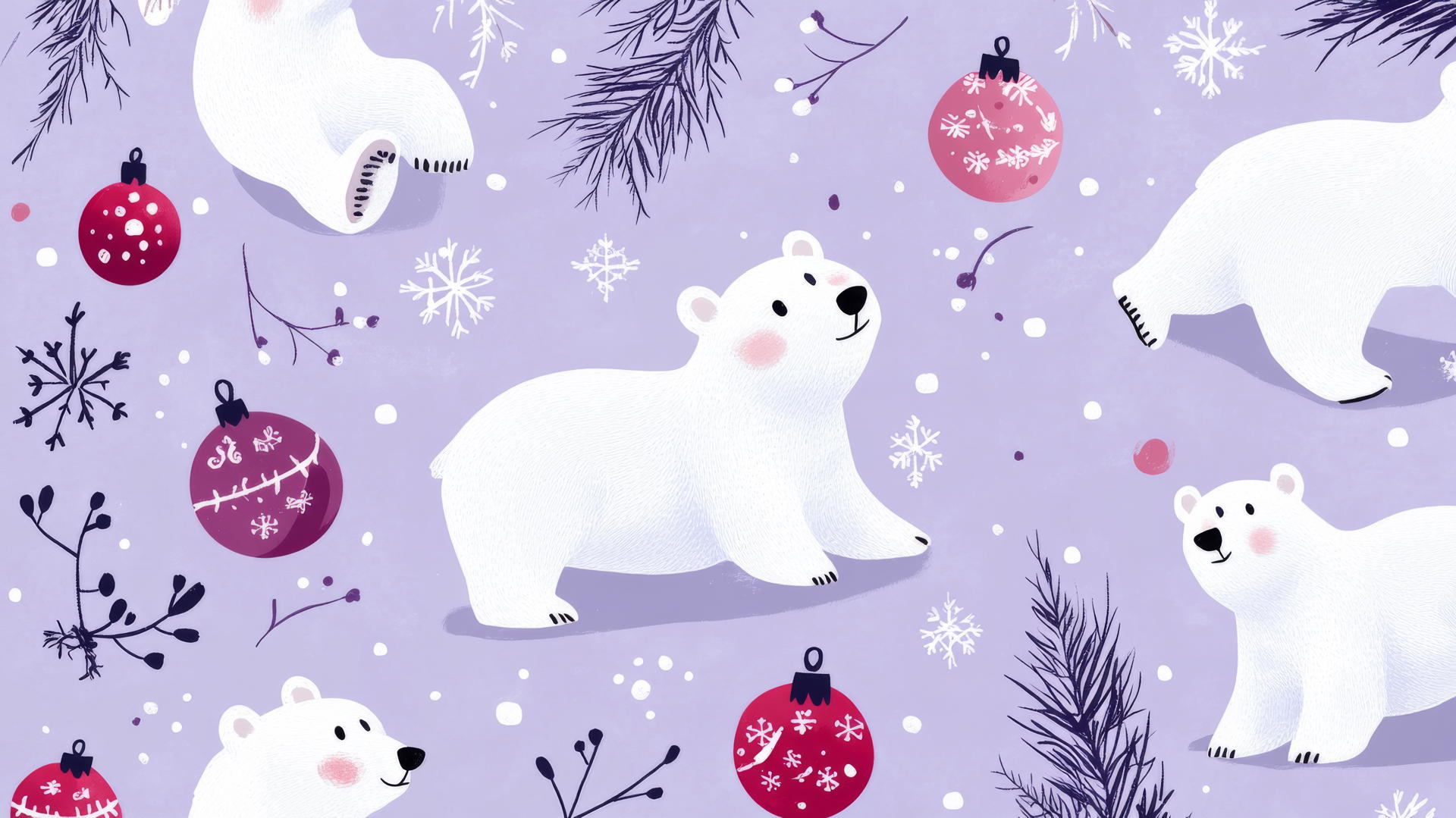 cute Christmas wallpaper preppy with polar bears, ornaments, and twinkling lights on pastel lavender