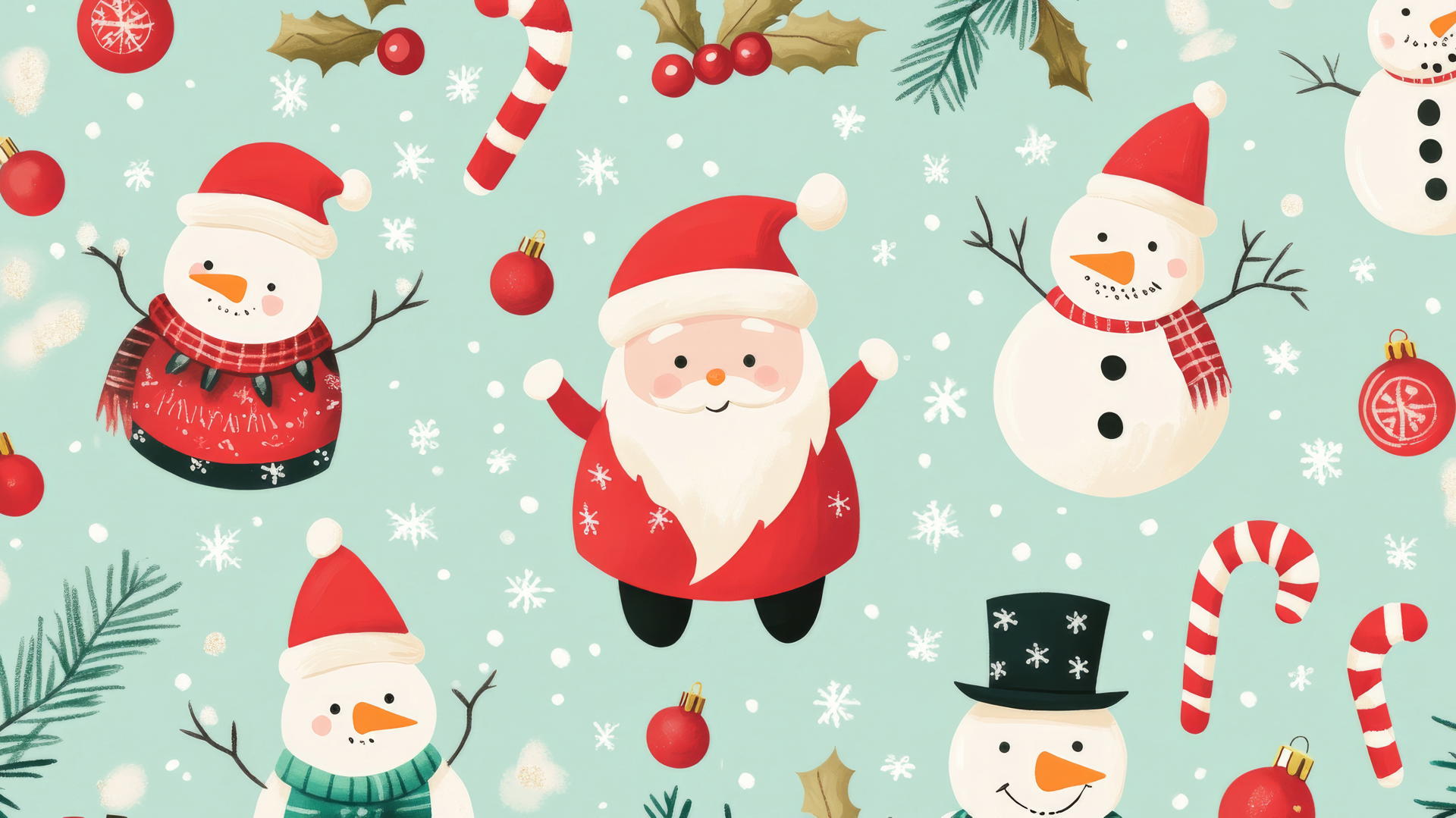 cute Christmas wallpaper preppy with adorable Santas, snowmen, and holly berries on a pastel mint background