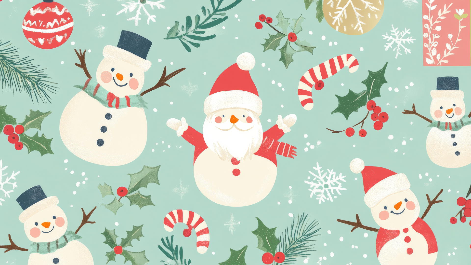 Cute Christmas wallpaper preppy with Santas, snowmen, and holly berries on pastel mint background