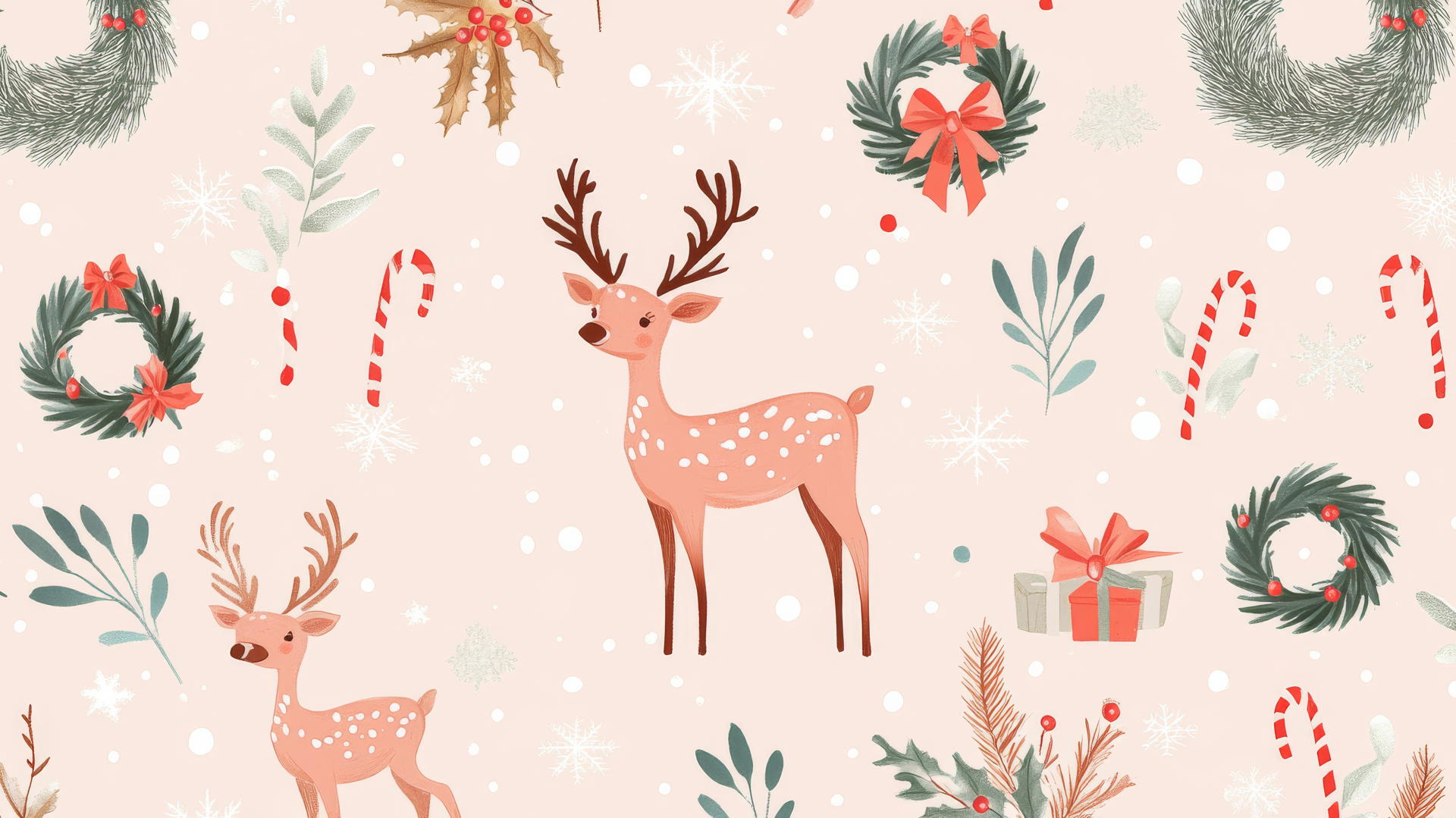 Cute Christmas wallpaper preppy with reindeer, wreaths, candy canes on pastel pink