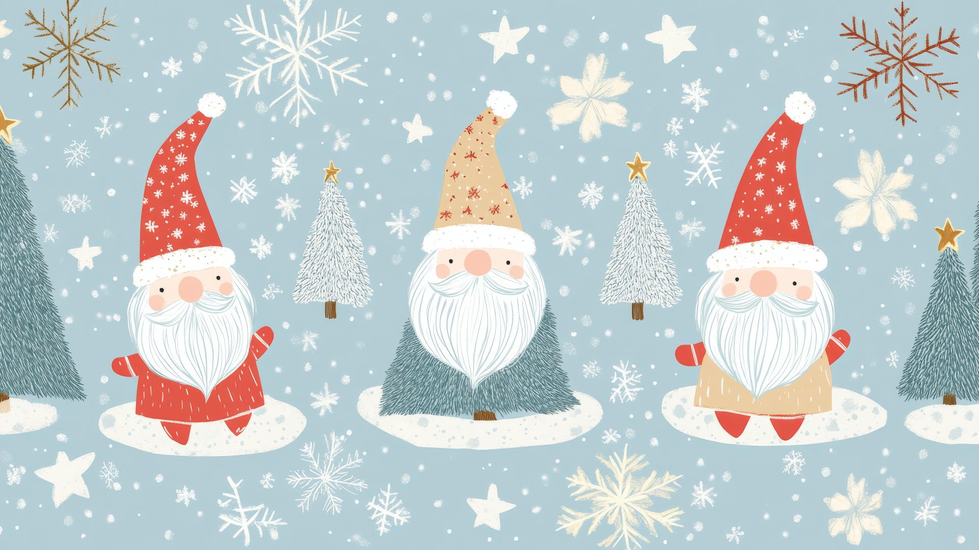 cute Christmas wallpaper preppy with gnomes, trees, and stars on pastel blue
