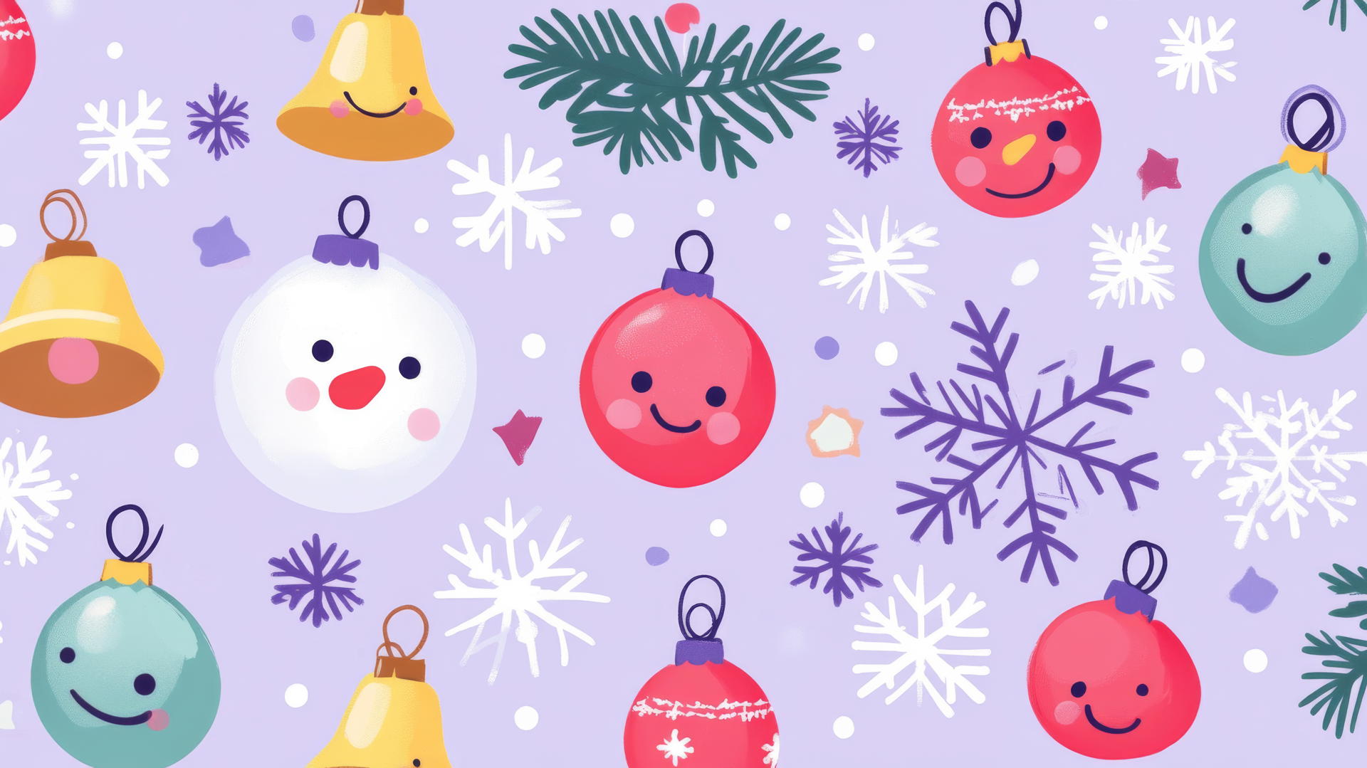 Cute Christmas wallpaper preppy with smiling snowflakes, bells, and baubles on pastel lavender.