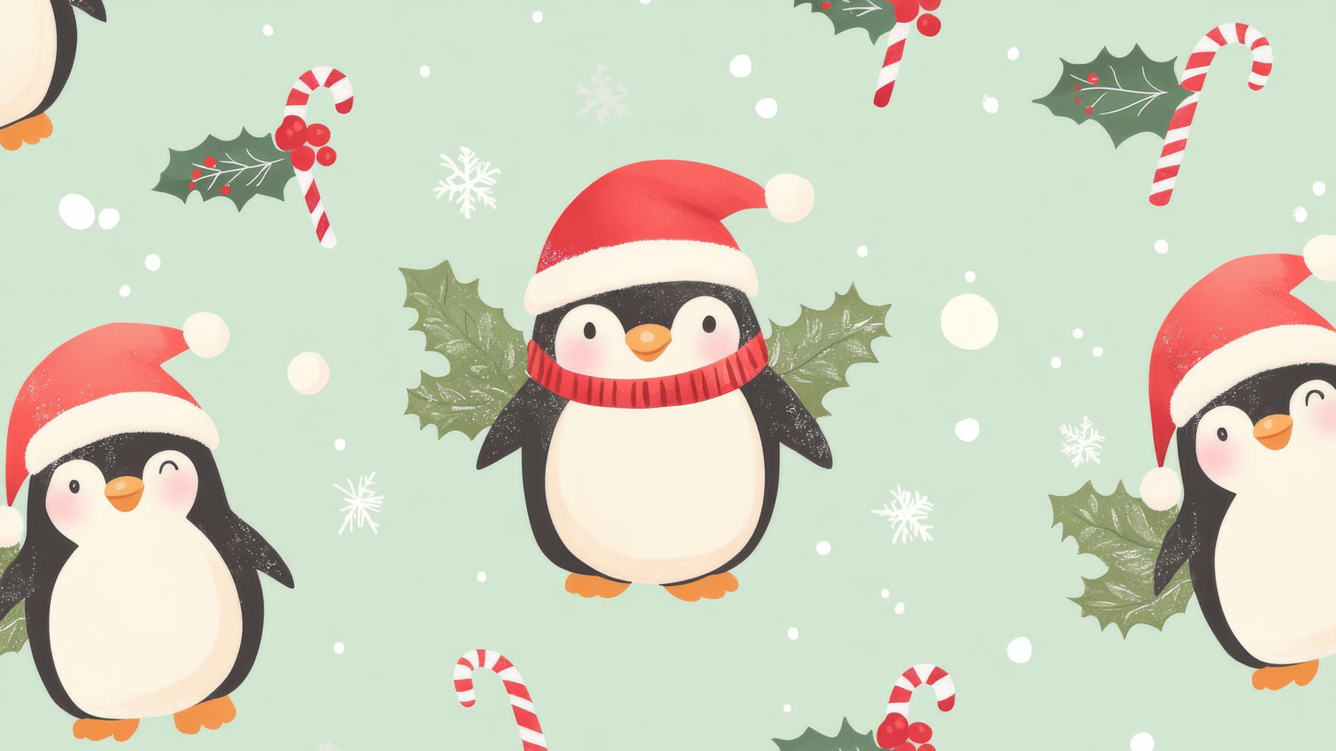 cute Christmas wallpaper preppy with penguins in Santa hats on pastel green
