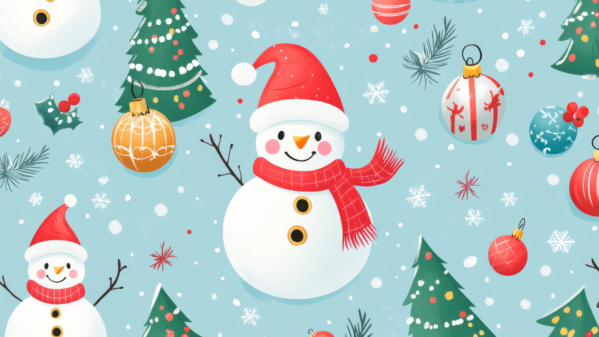 cute Christmas wallpaper preppy with snowmen, Christmas trees, and ornaments on pastel blue