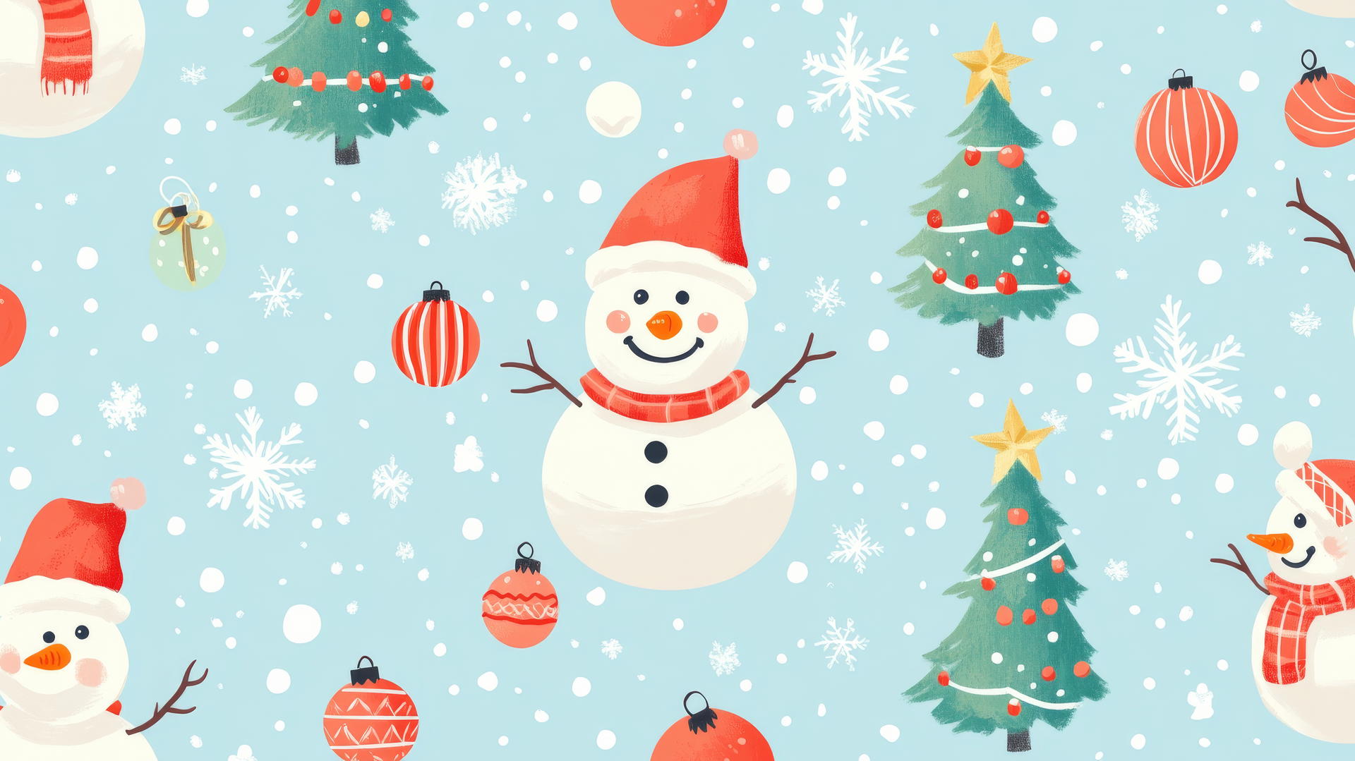 cute Christmas wallpaper preppy with snowmen, Christmas trees, and ornaments on pastel blue