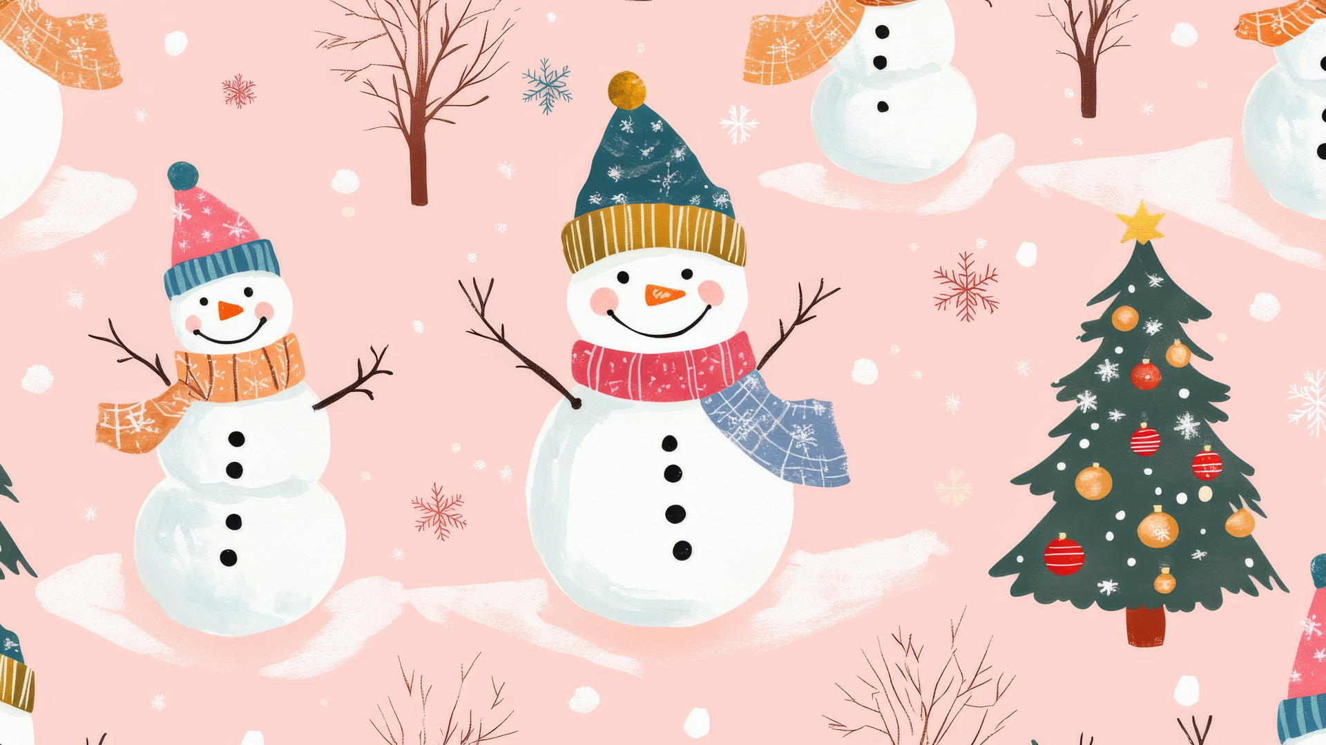 preppy wallpaper Christmas with snowmen in colorful scarves and hats, pine trees, and snowflakes on pastel pink background