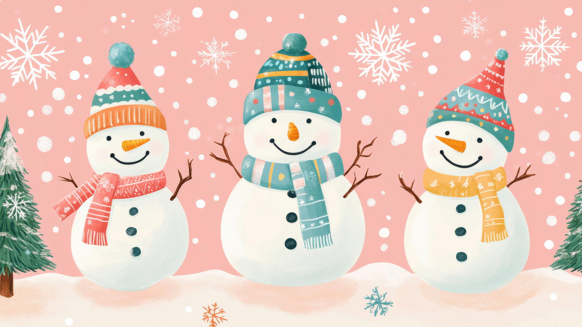 preppy wallpaper christmas with playful snowmen, colorful scarves, pine trees, and snowflakes on pastel pink