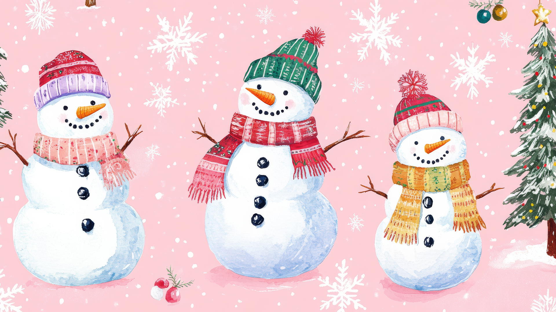 playful preppy wallpaper christmas pattern with snowmen, pine trees, and snowflakes on pastel pink