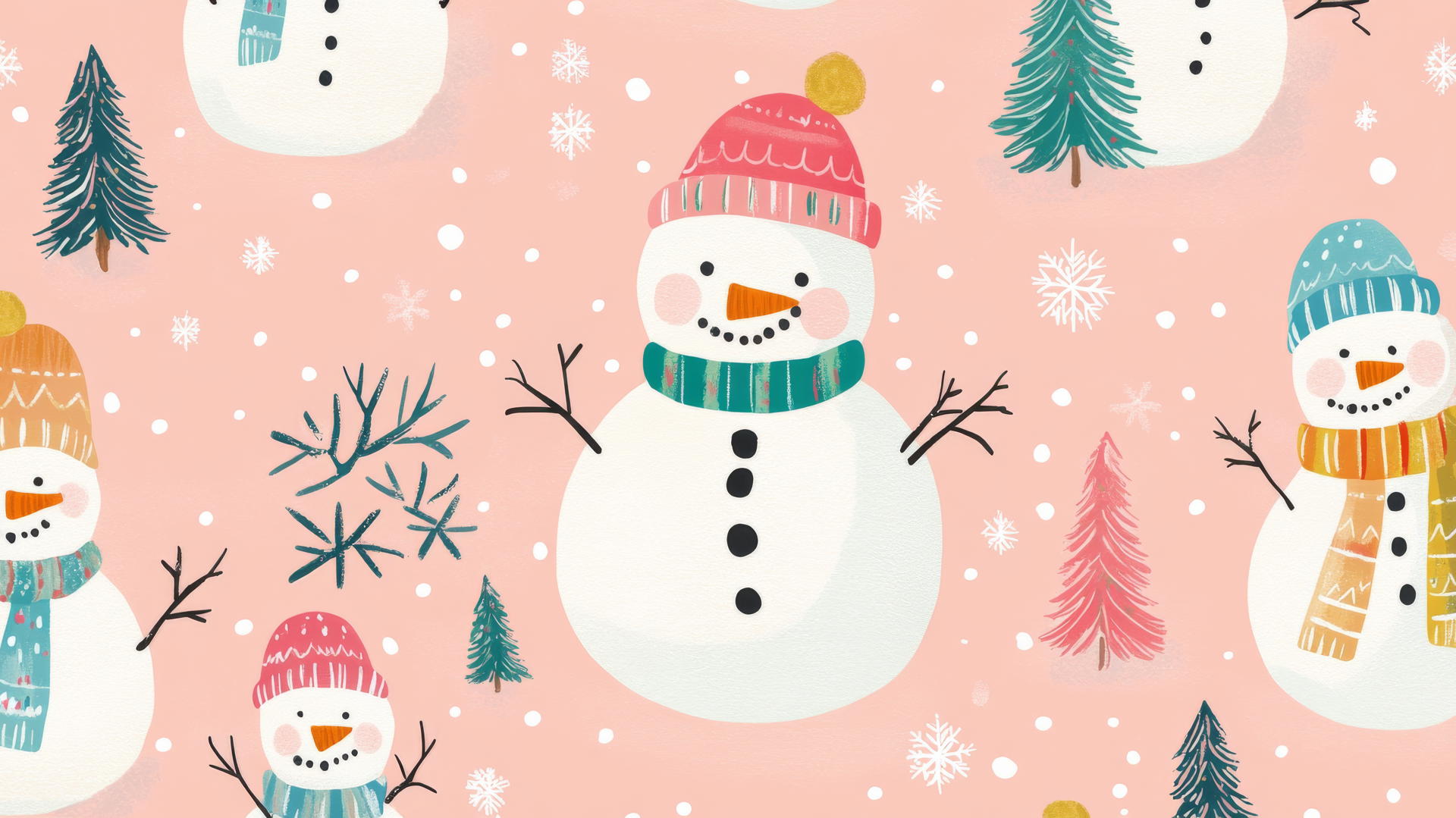 preppy wallpaper christmas with playful snowmen, pine trees, and snowflakes on a pastel pink background