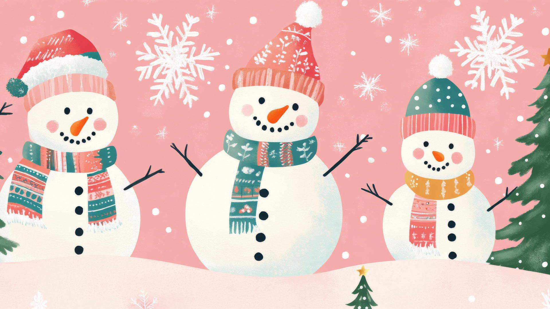 preppy wallpaper christmas with playful snowmen, colorful scarves and hats, and pine trees on a pastel pink background