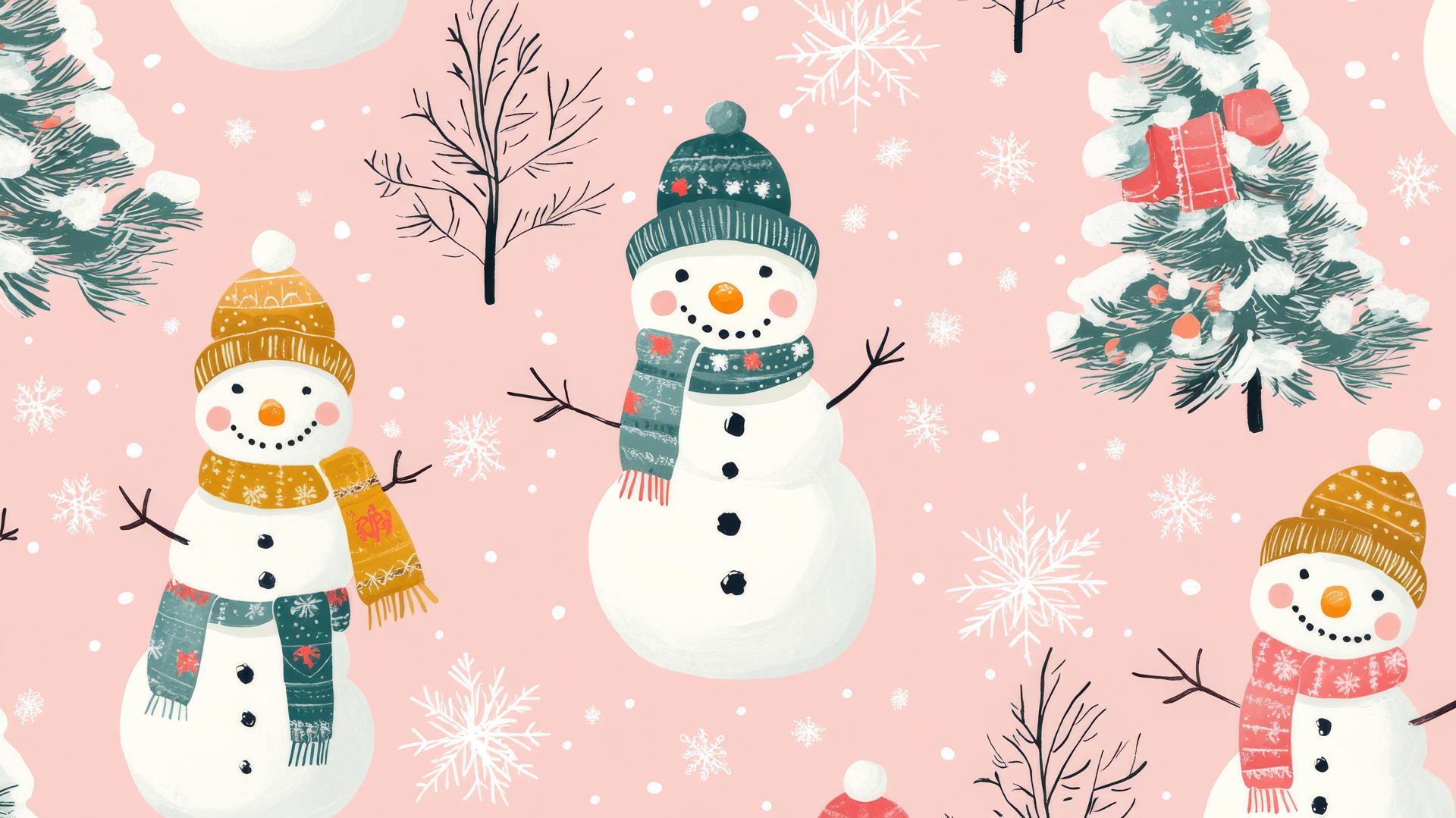 preppy wallpaper Christmas with playful snowmen, pine trees, and snowflakes on a pastel pink background