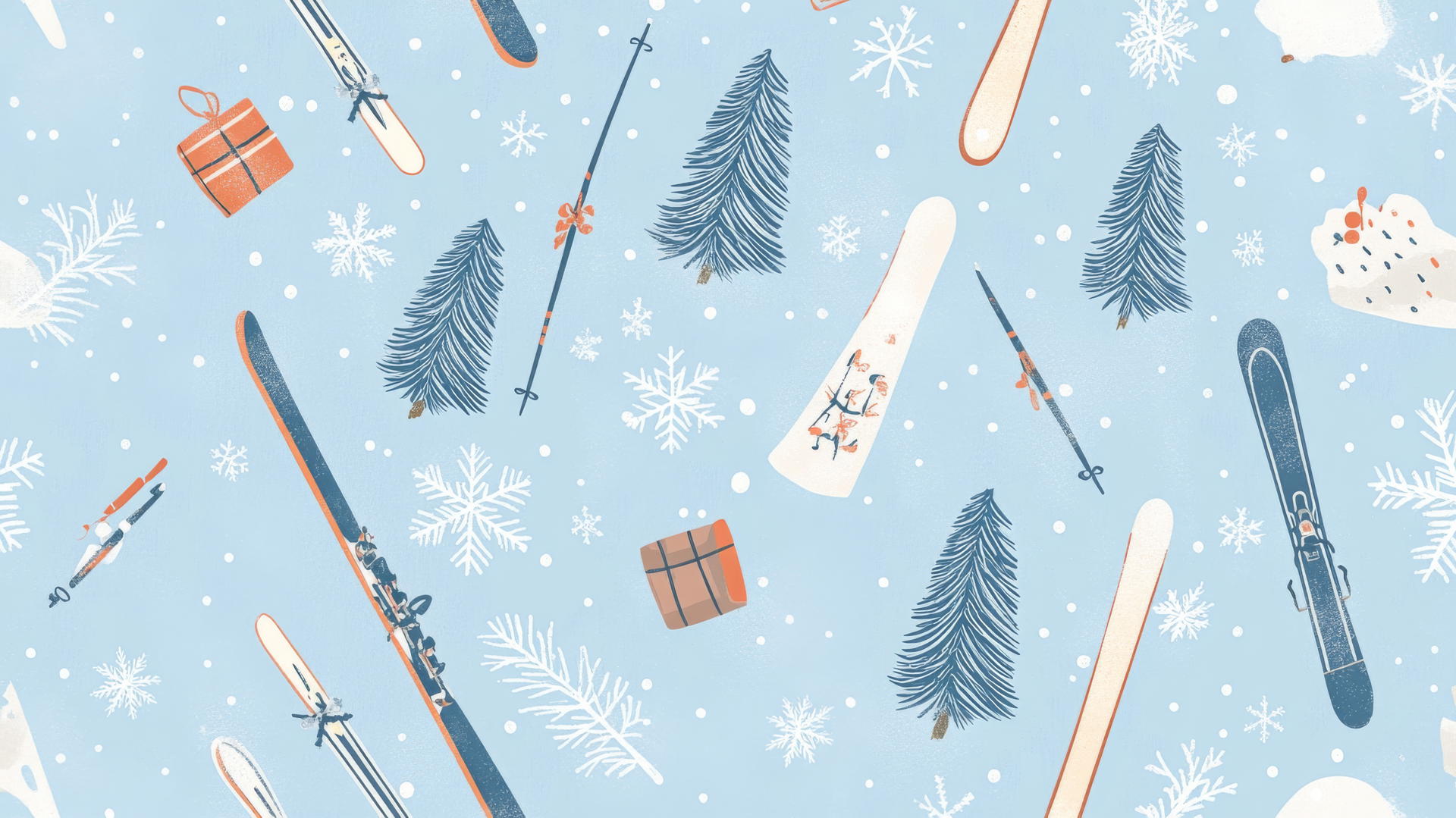 Christmas wallpaper preppy with skiing equipment and pine trees