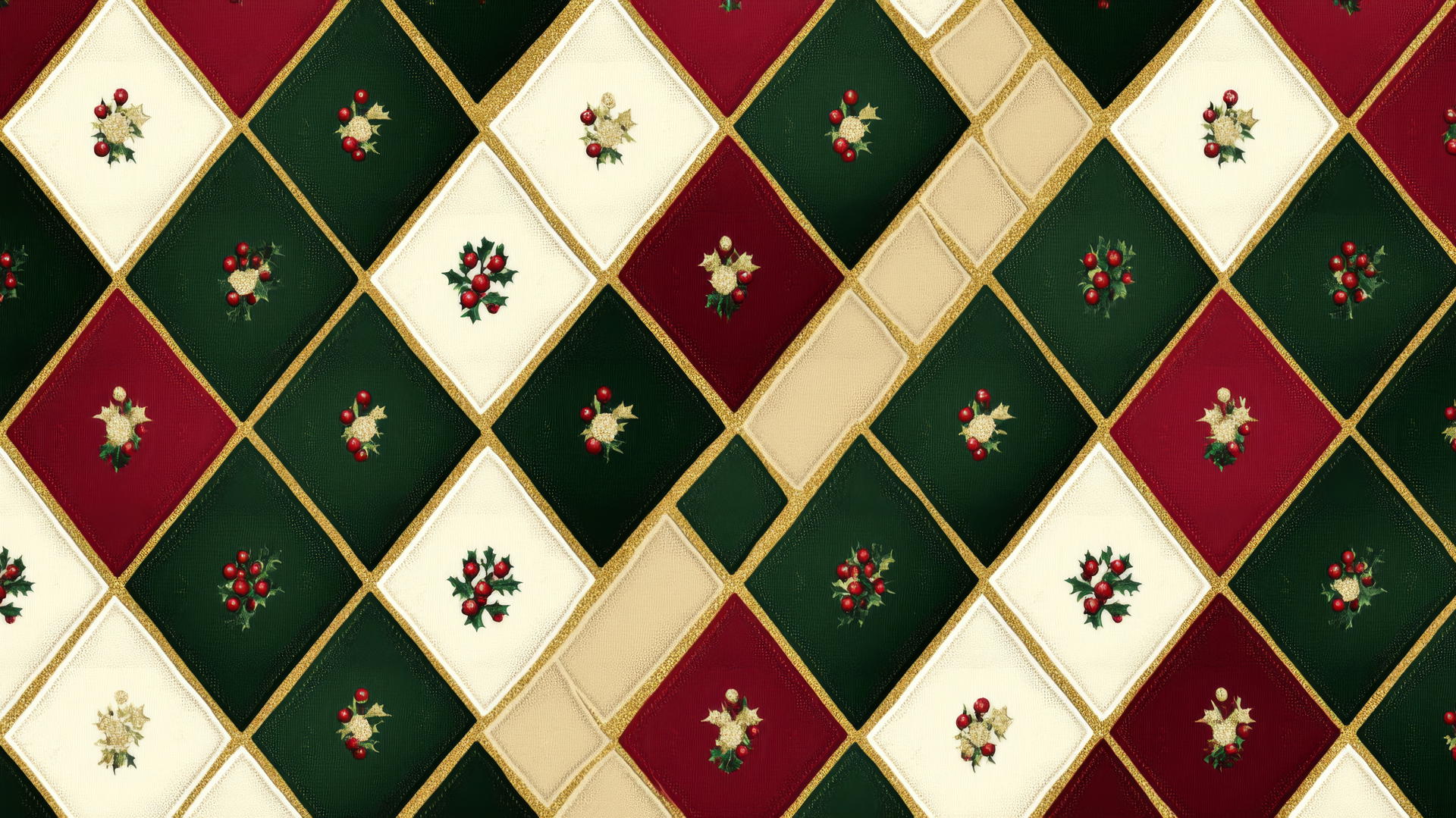 christmas wallpaper preppy with argyle pattern in red, green, and white with gold accents and holly berries