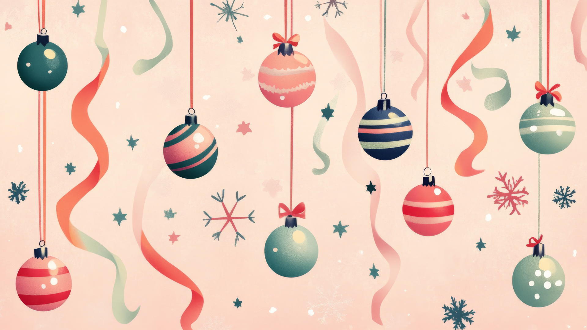 preppy Christmas wallpaper with colorful ornaments, pastel ribbons, snowflakes, and stars on a soft pink background