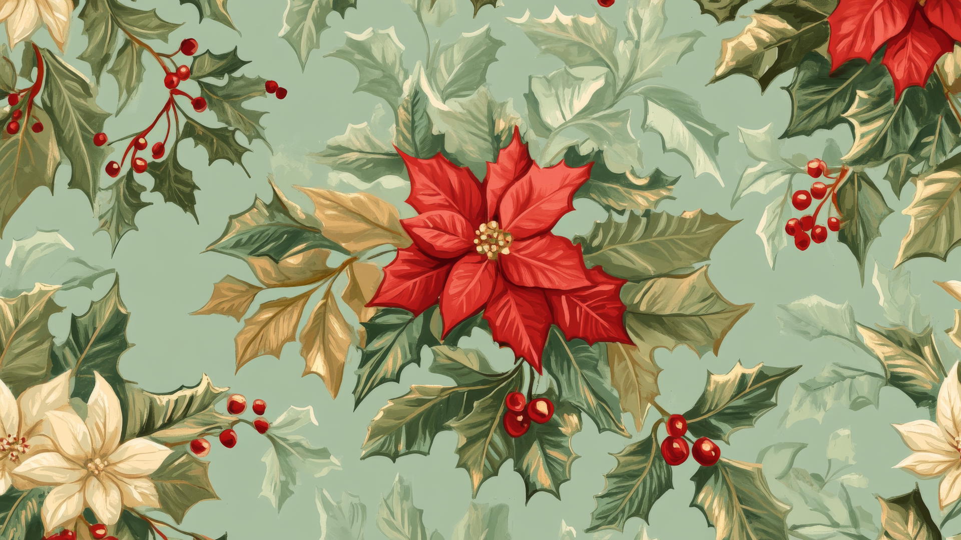 Preppy Christmas wallpaper with poinsettias, holly leaves, and mistletoe on mint green