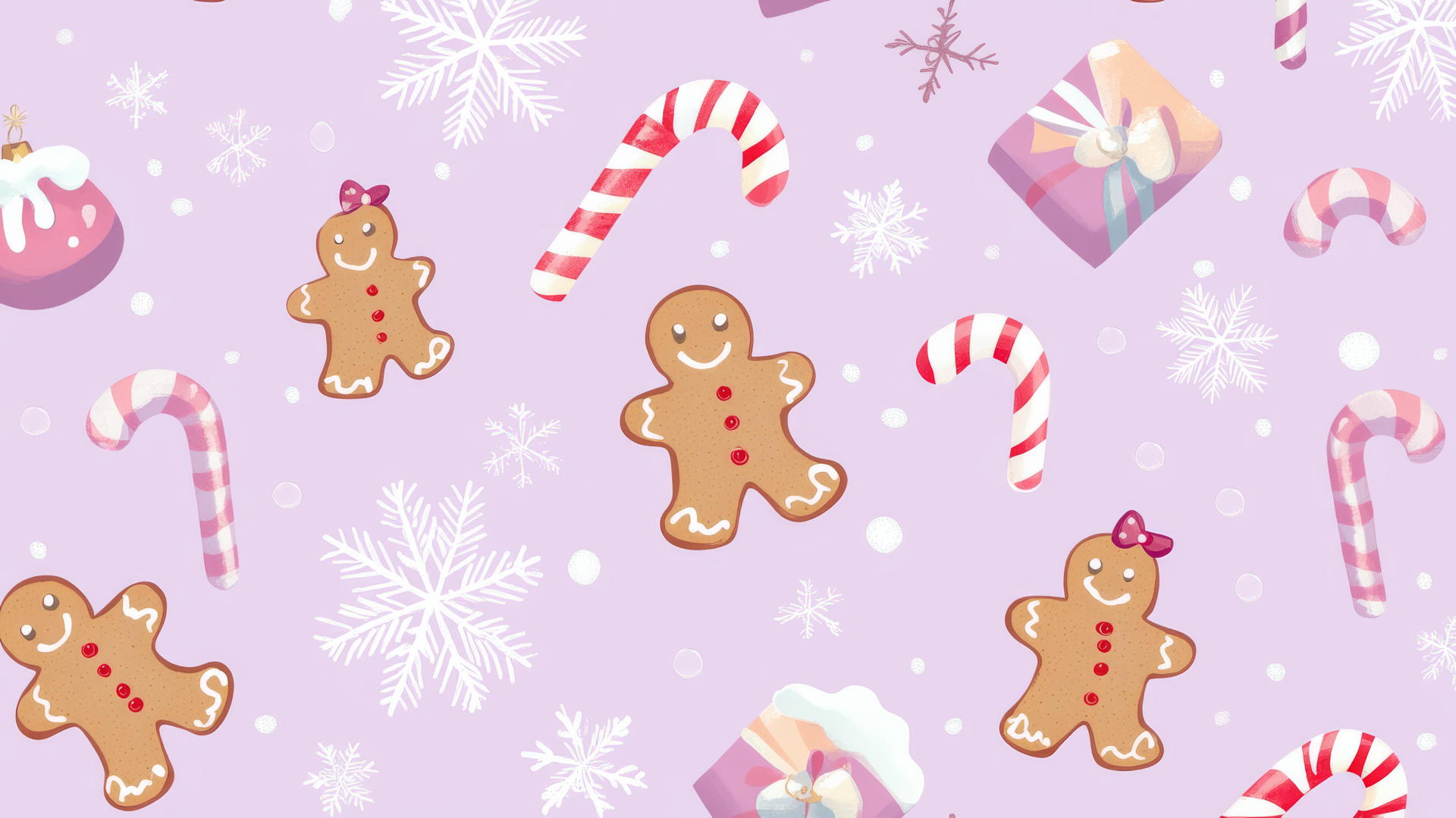preppy Christmas wallpaper with gingerbread men, candy canes, and snowflakes on pastel lavender background