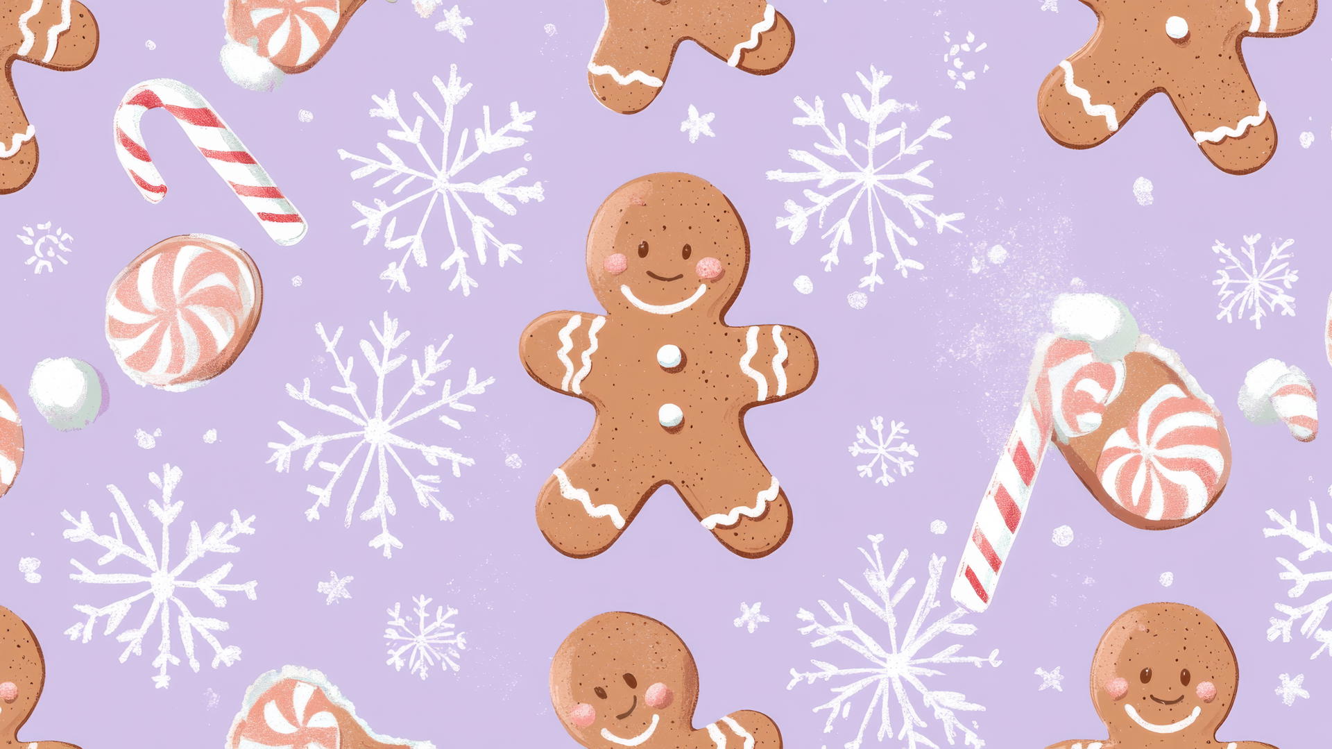 Preppy Christmas wallpaper with gingerbread men, candy canes, snowflakes on lavender