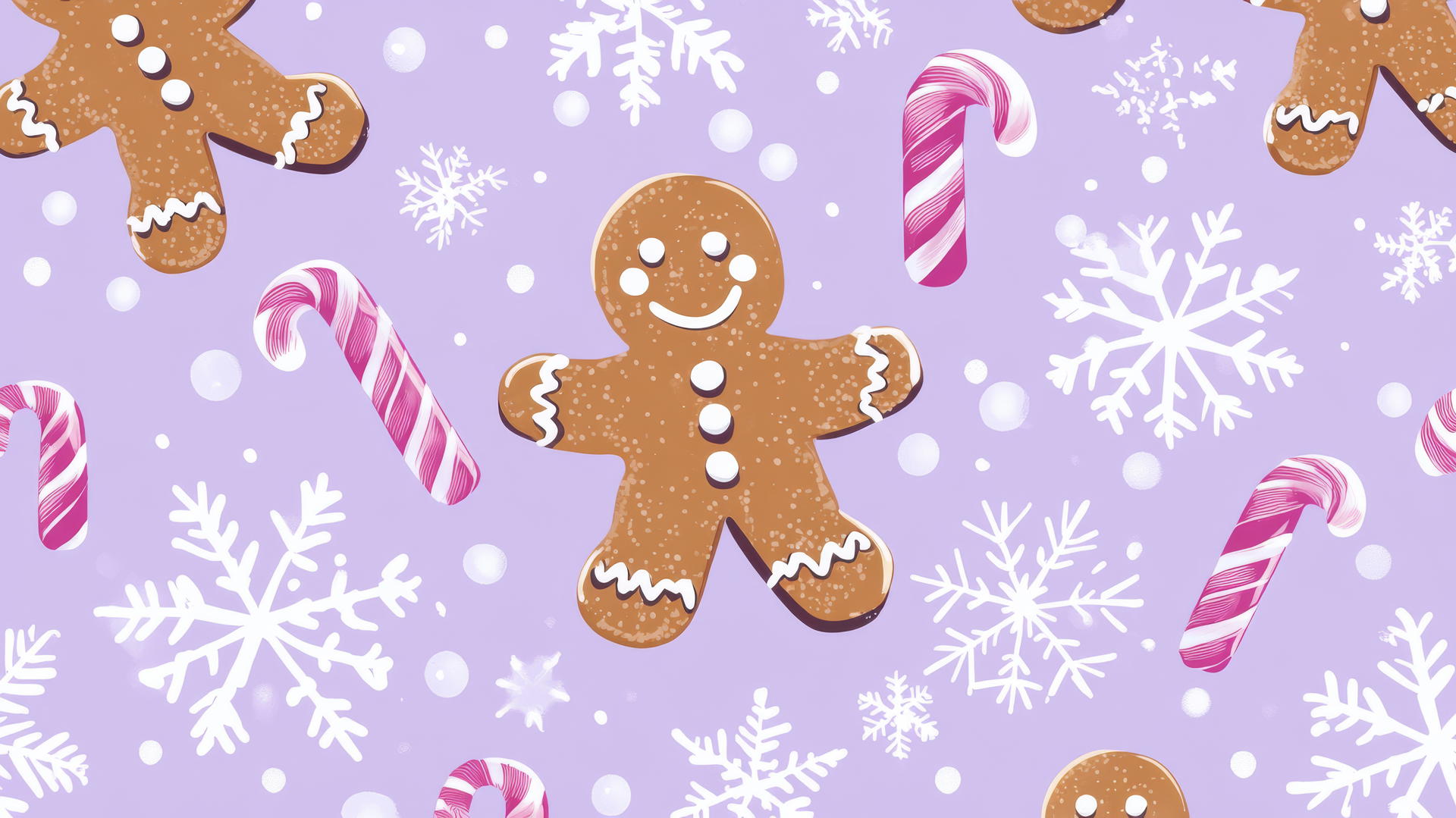 preppy Christmas wallpaper with gingerbread men, candy canes, and snowflakes on a pastel lavender background