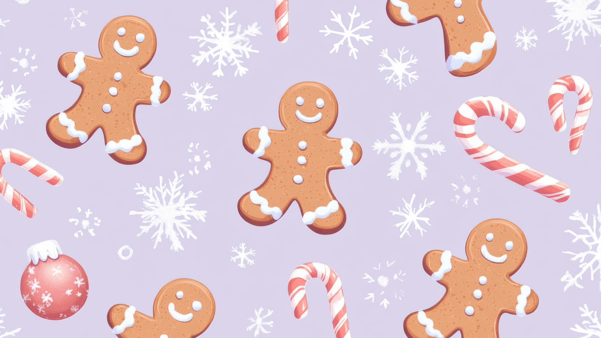 preppy Christmas wallpaper with whimsical gingerbread men, candy canes, and snowflakes on pastel lavender