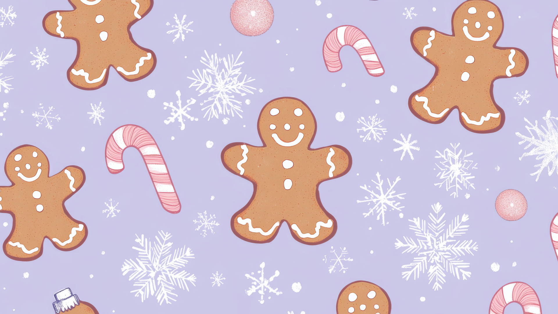 preppy Christmas wallpaper with gingerbread men, candy canes, and snowflakes on pastel lavender